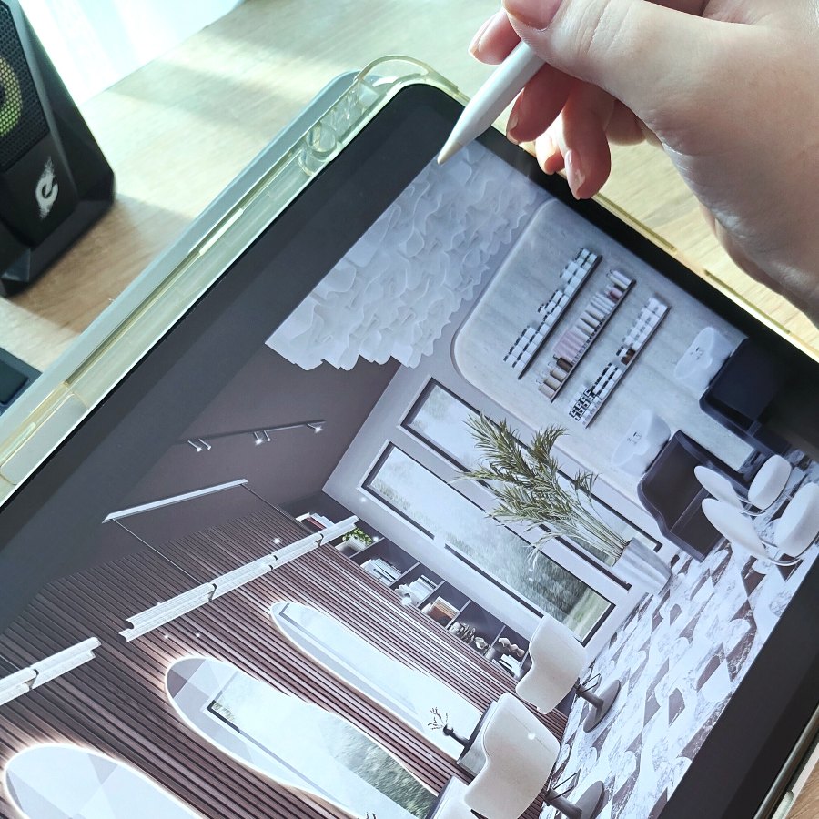 Finishing a salon interior by hand on an iPad