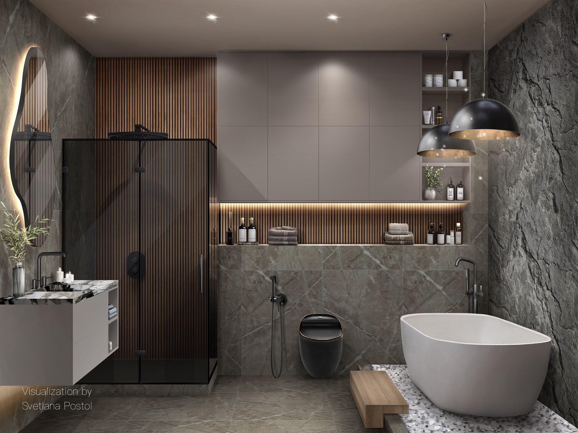 Bathroom rendering with dark stone walls, black pendant lamps and a freestanding tub