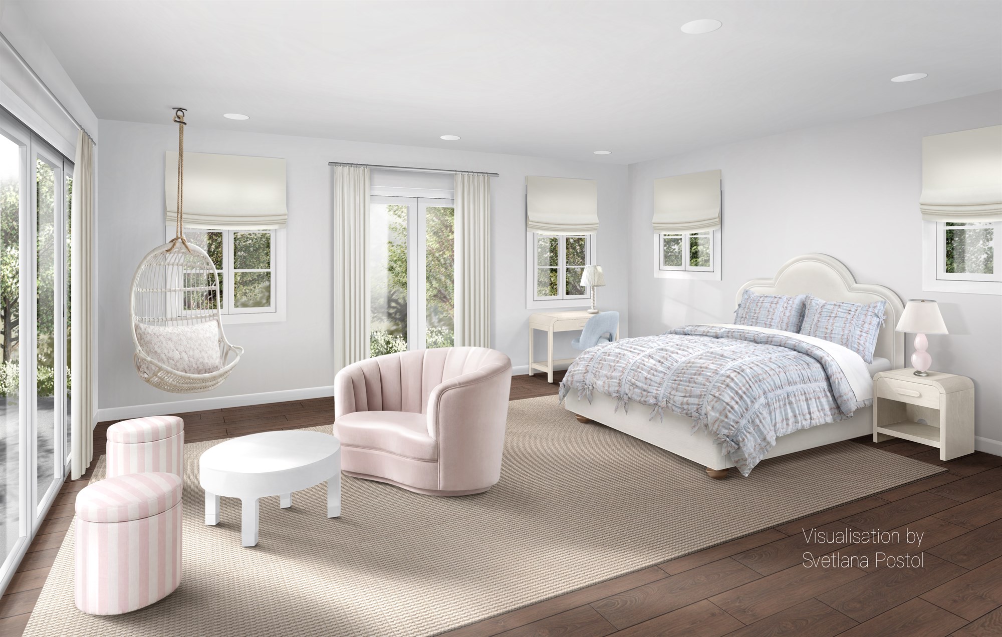 Girl's bedroom rendering with a hanging rattan chair and a pink armchair