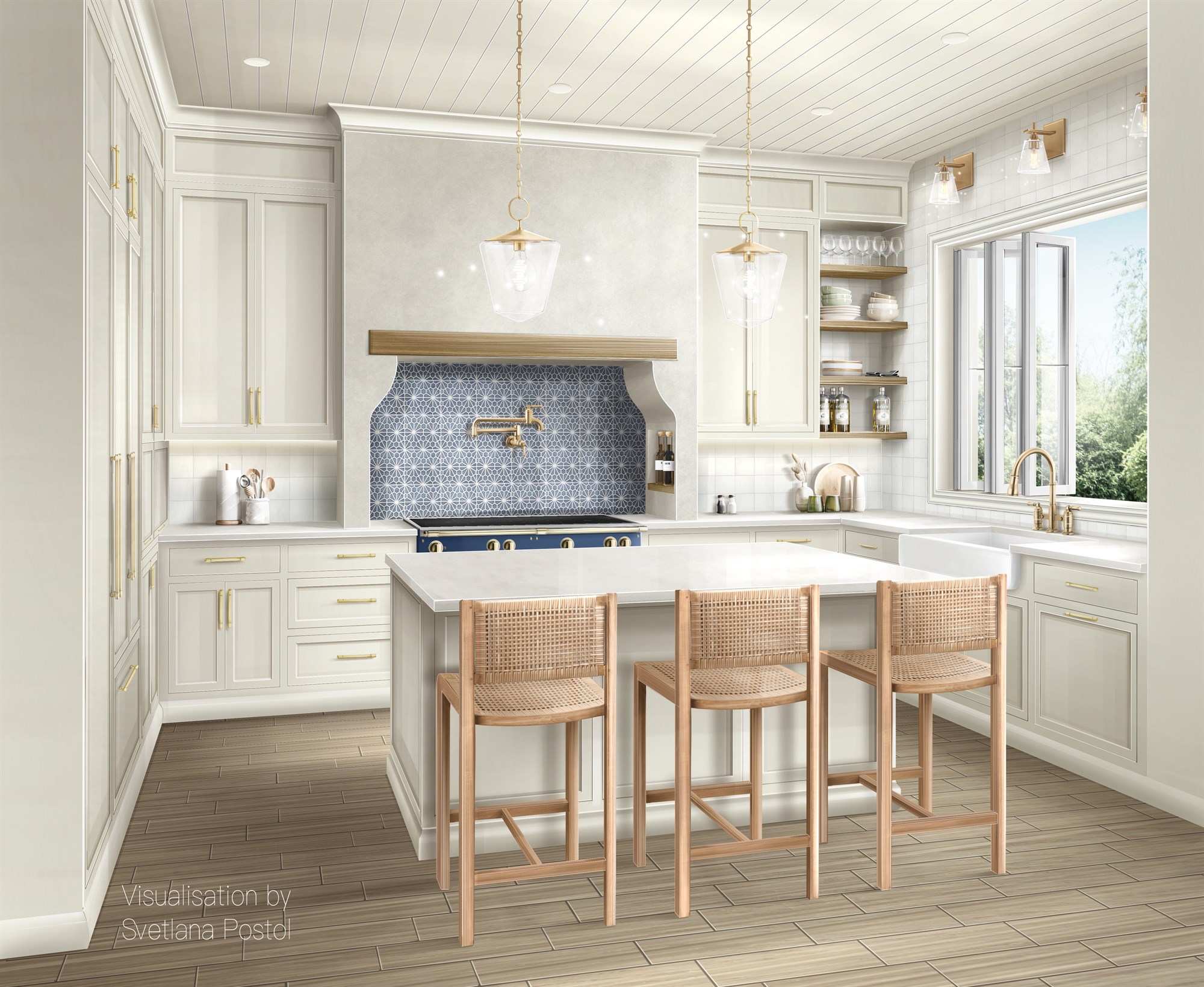 Kitchen rendering with a blue tile range hood niche and rattan counter stools