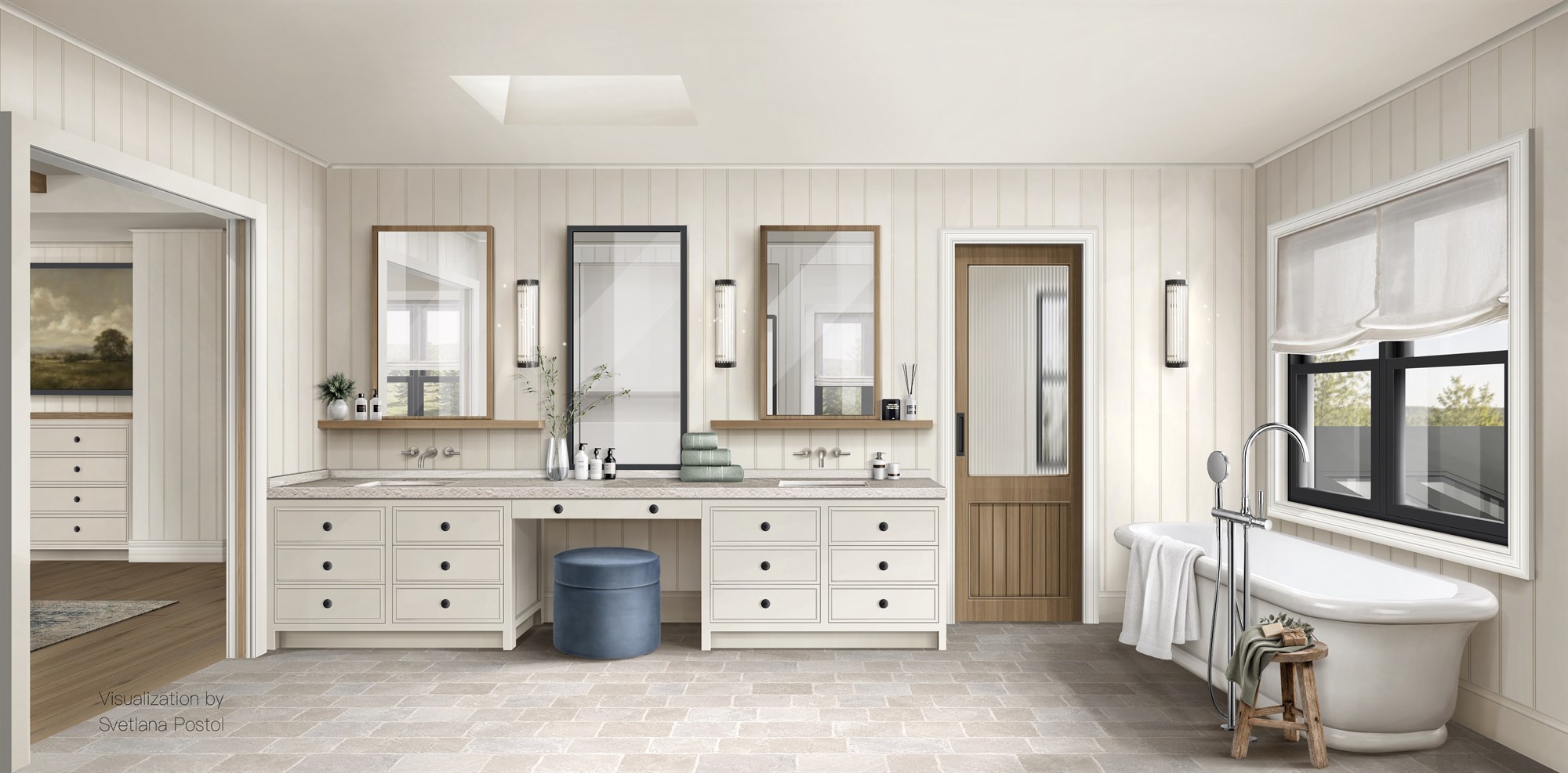 Primary bathroom rendering with a long double vanity, wood mirrors and a freestanding tub