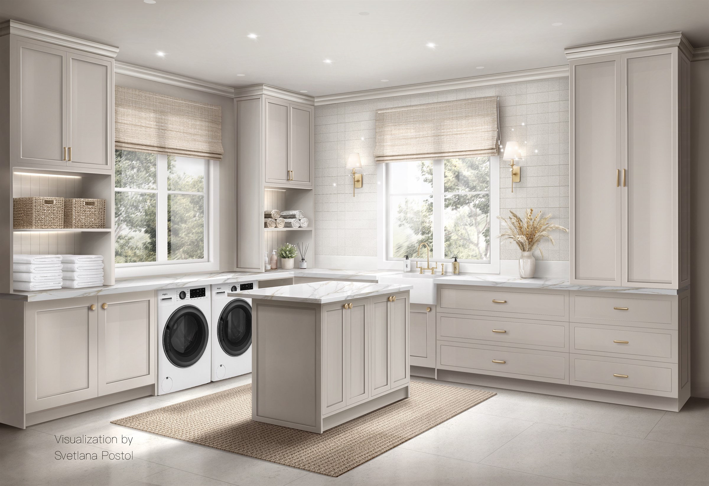 Laundry room rendering with greige cabinets, a marble-top island, two washing machines and woven roman shades