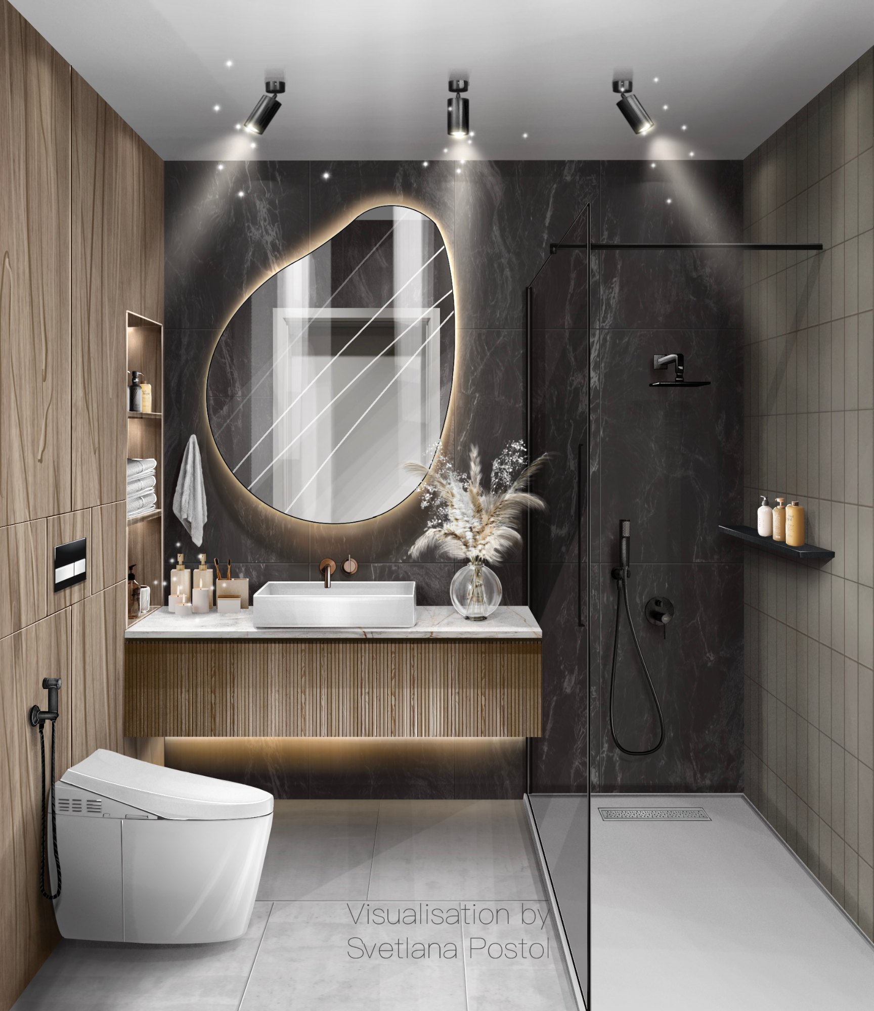 Bathroom with black stone, a round mirror and a walk-in shower