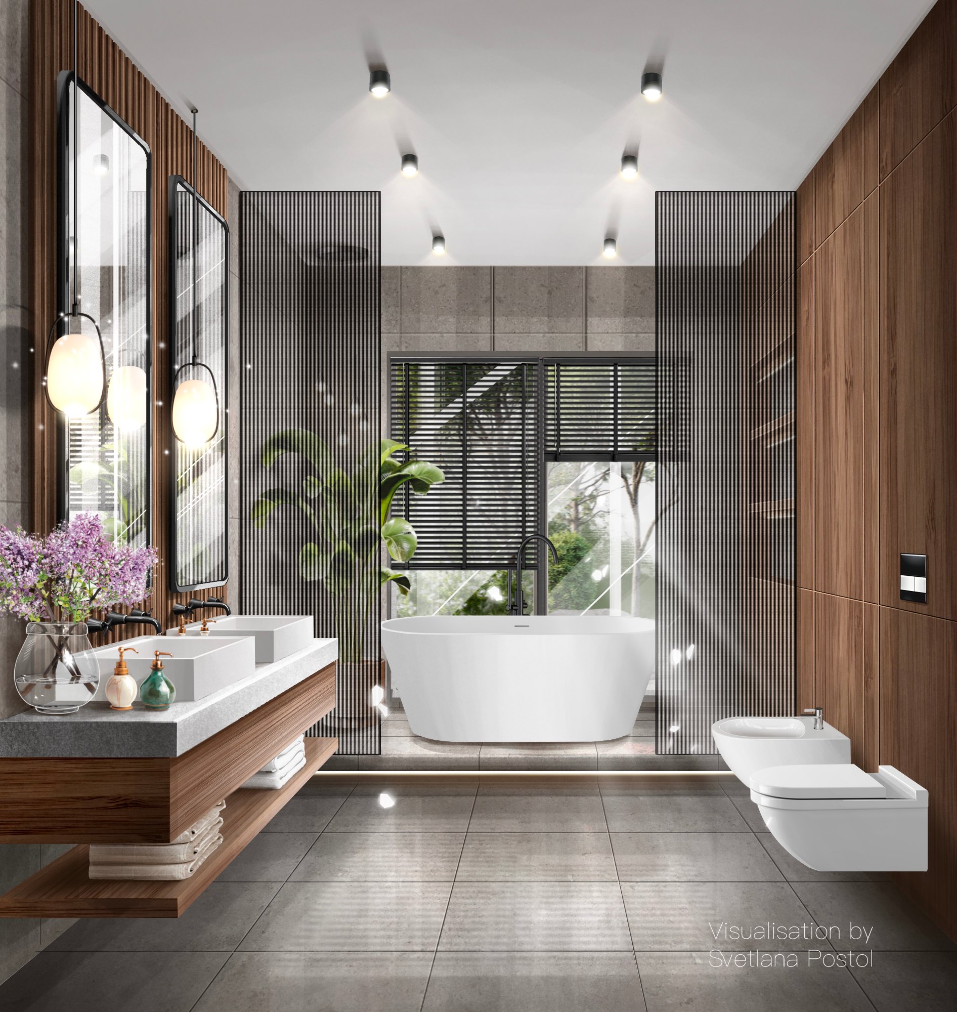 Bathroom with a freestanding tub and warm wood walls