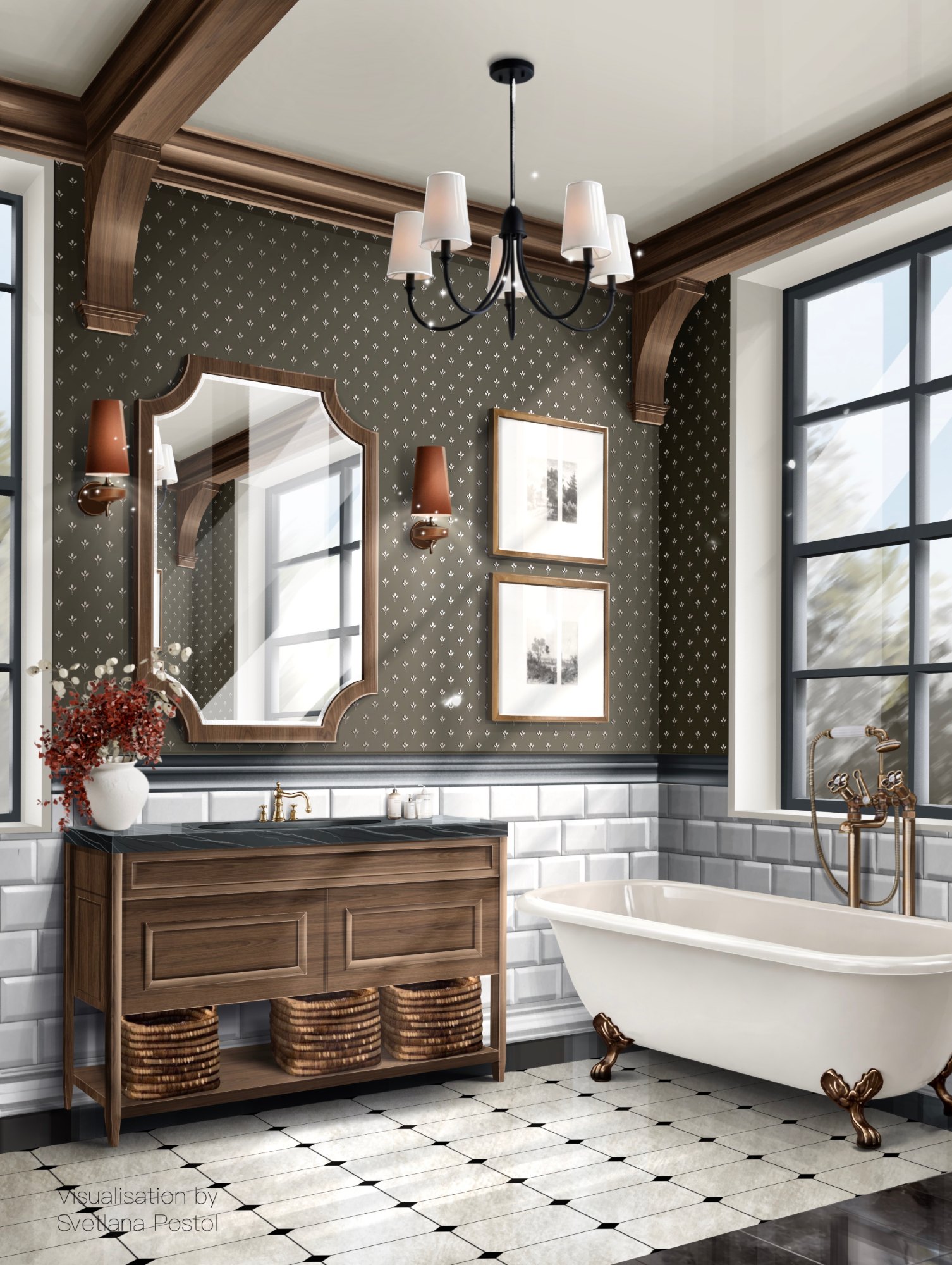 Bathroom with a clawfoot tub and black-and-white floor tiles