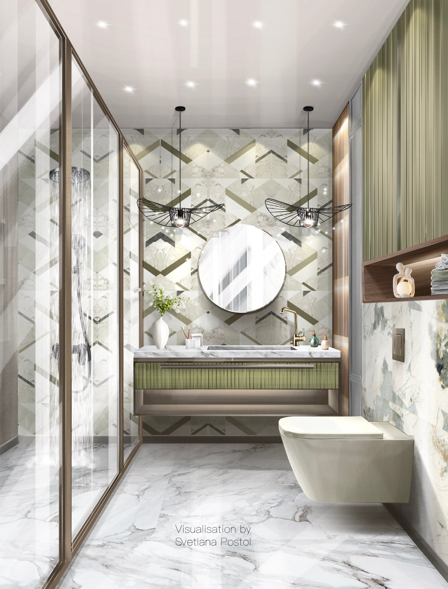 Bathroom with green tile and a round mirror