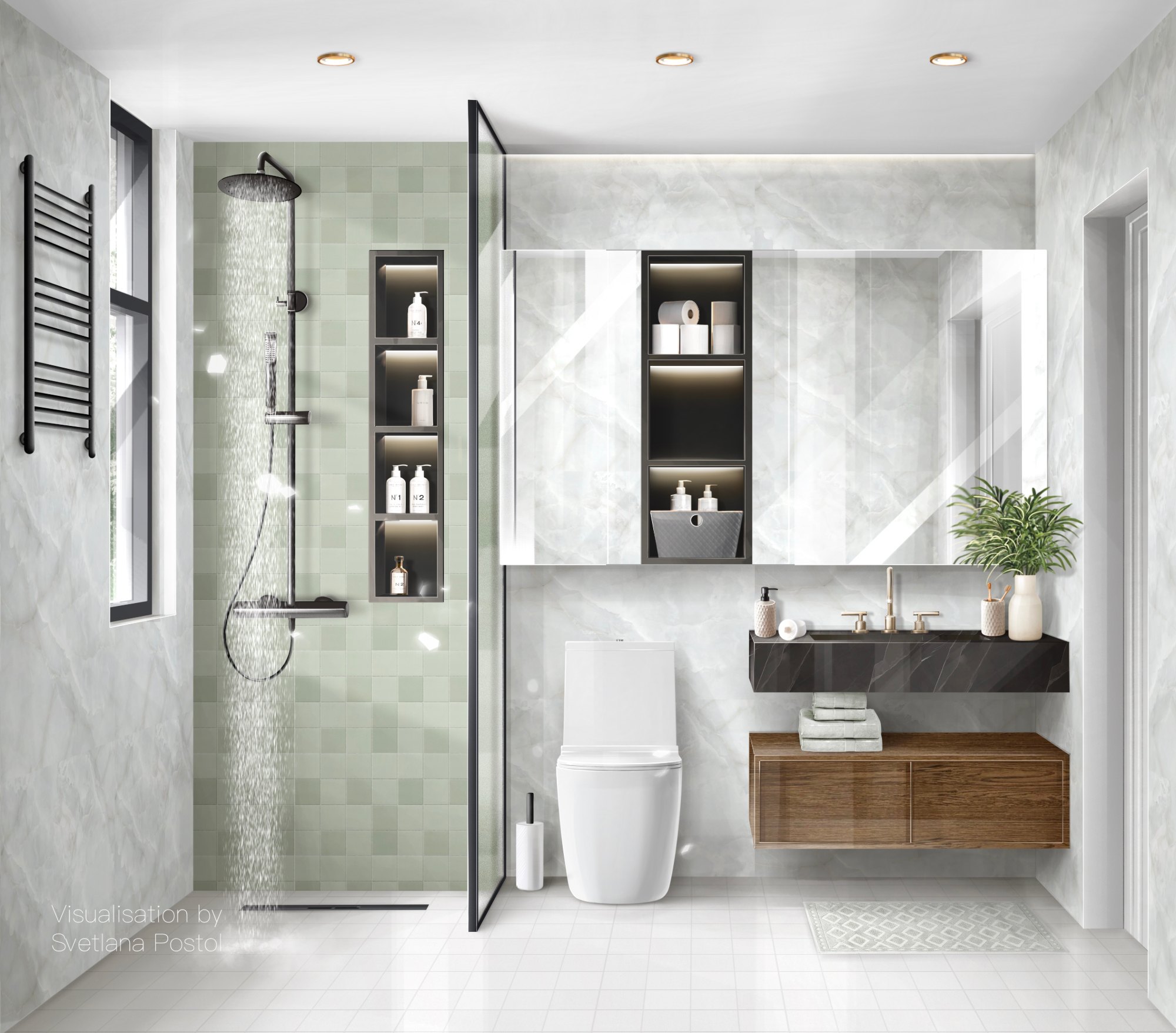 Bathroom with a glass shower and a floating vanity