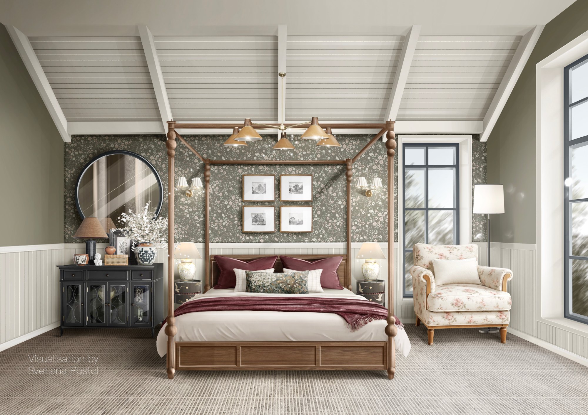 Bedroom with a canopy bed and a vaulted ceiling