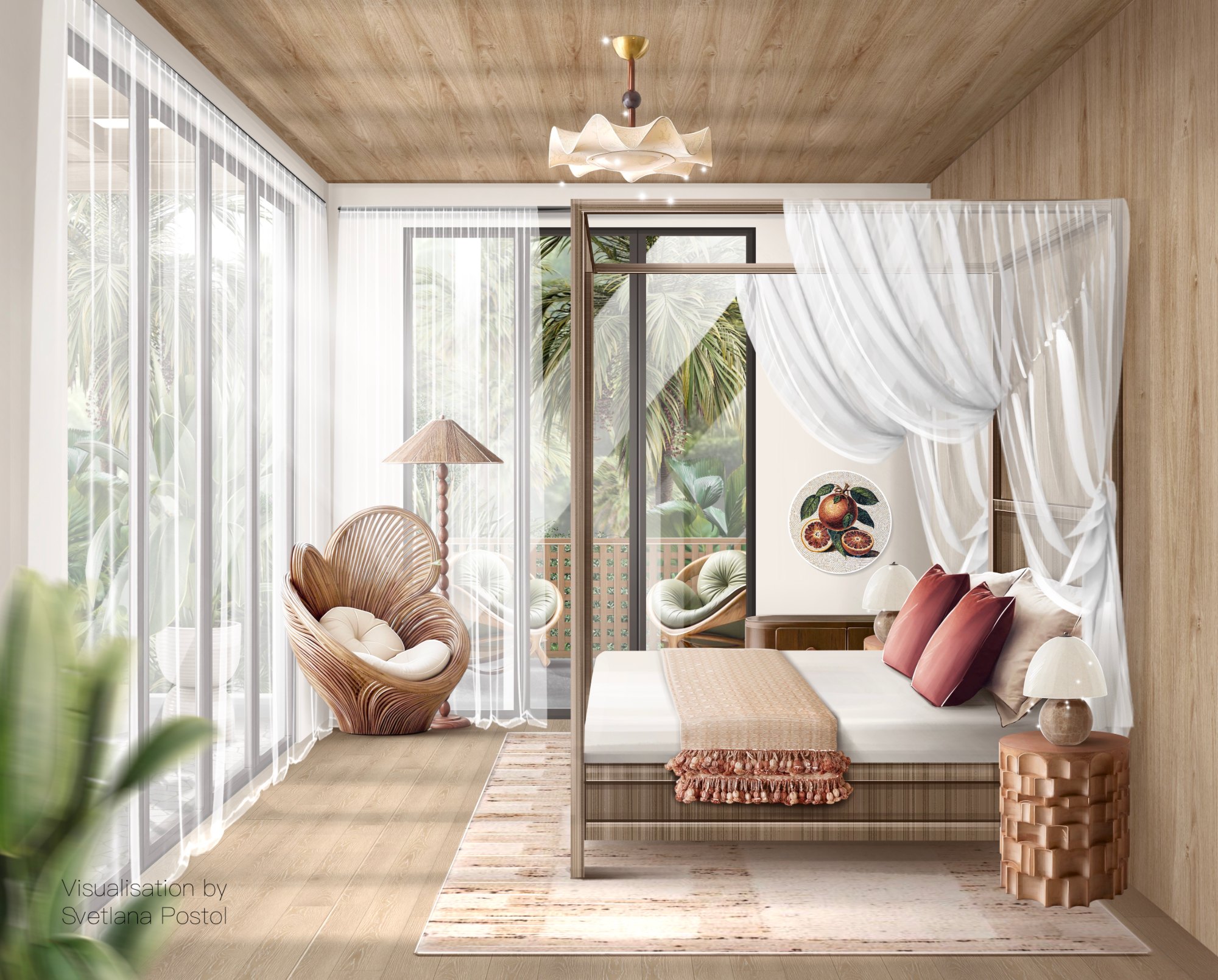 Villa bedroom with a canopy and sheer curtains