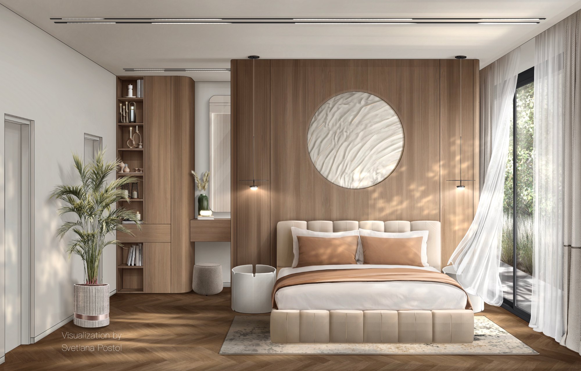 Bedroom with a wood-paneled wall and a round sculpture