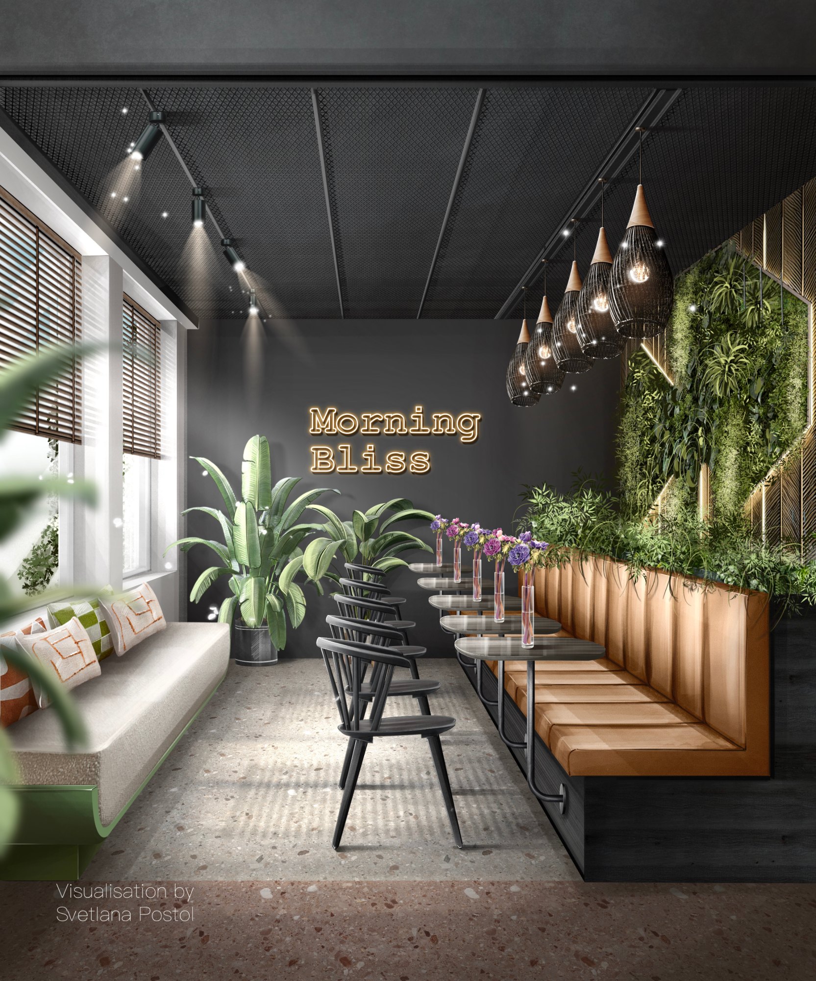 Café interior with a dark ceiling, plants and banquette seating