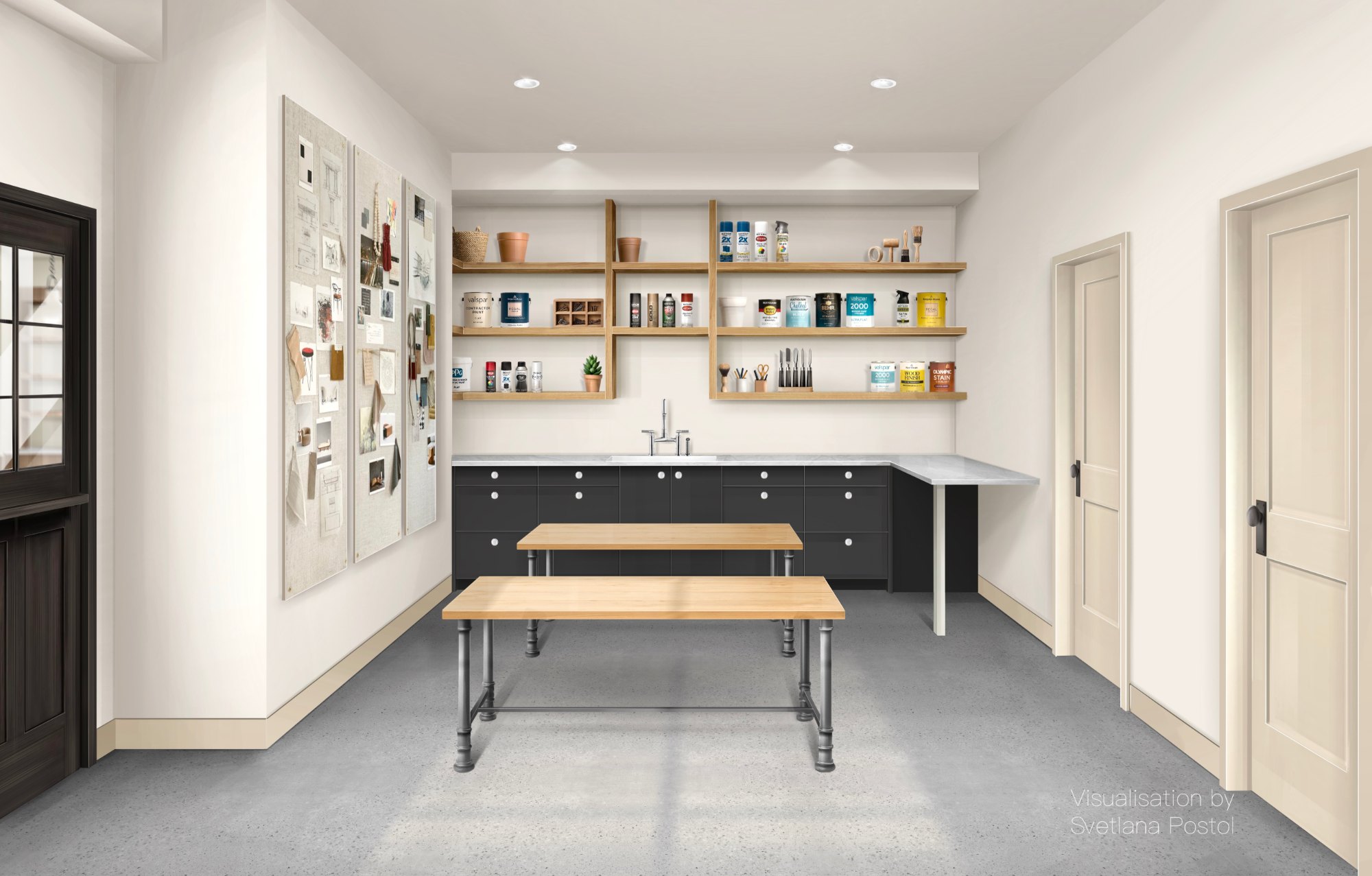 Classroom with open shelving and long work tables