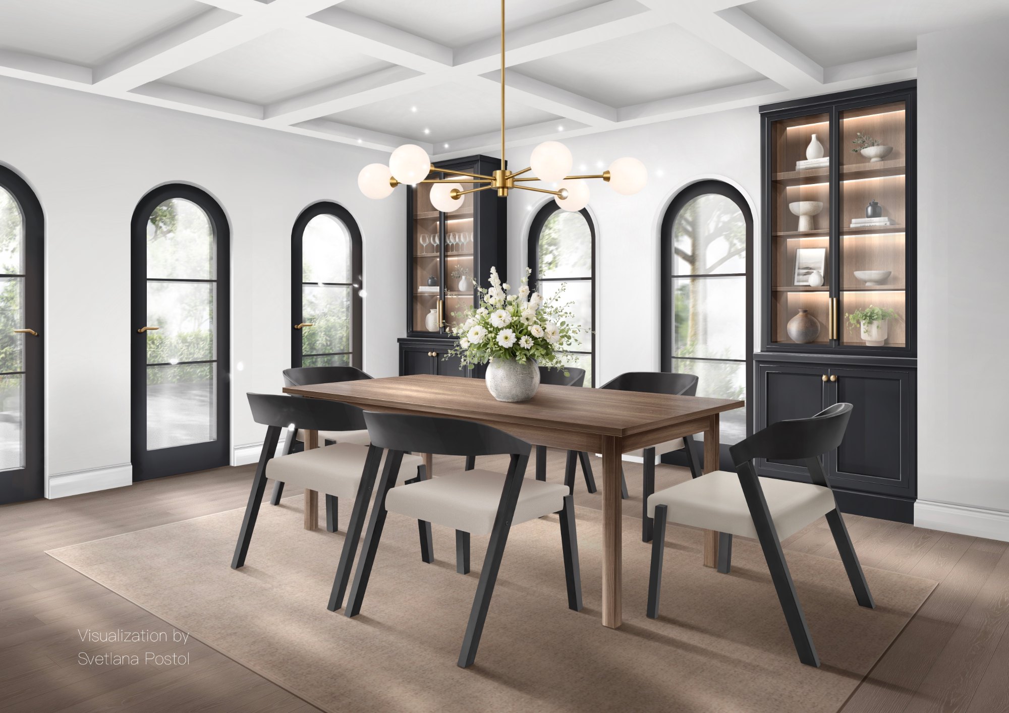 Dining room with arched windows and a long wooden table