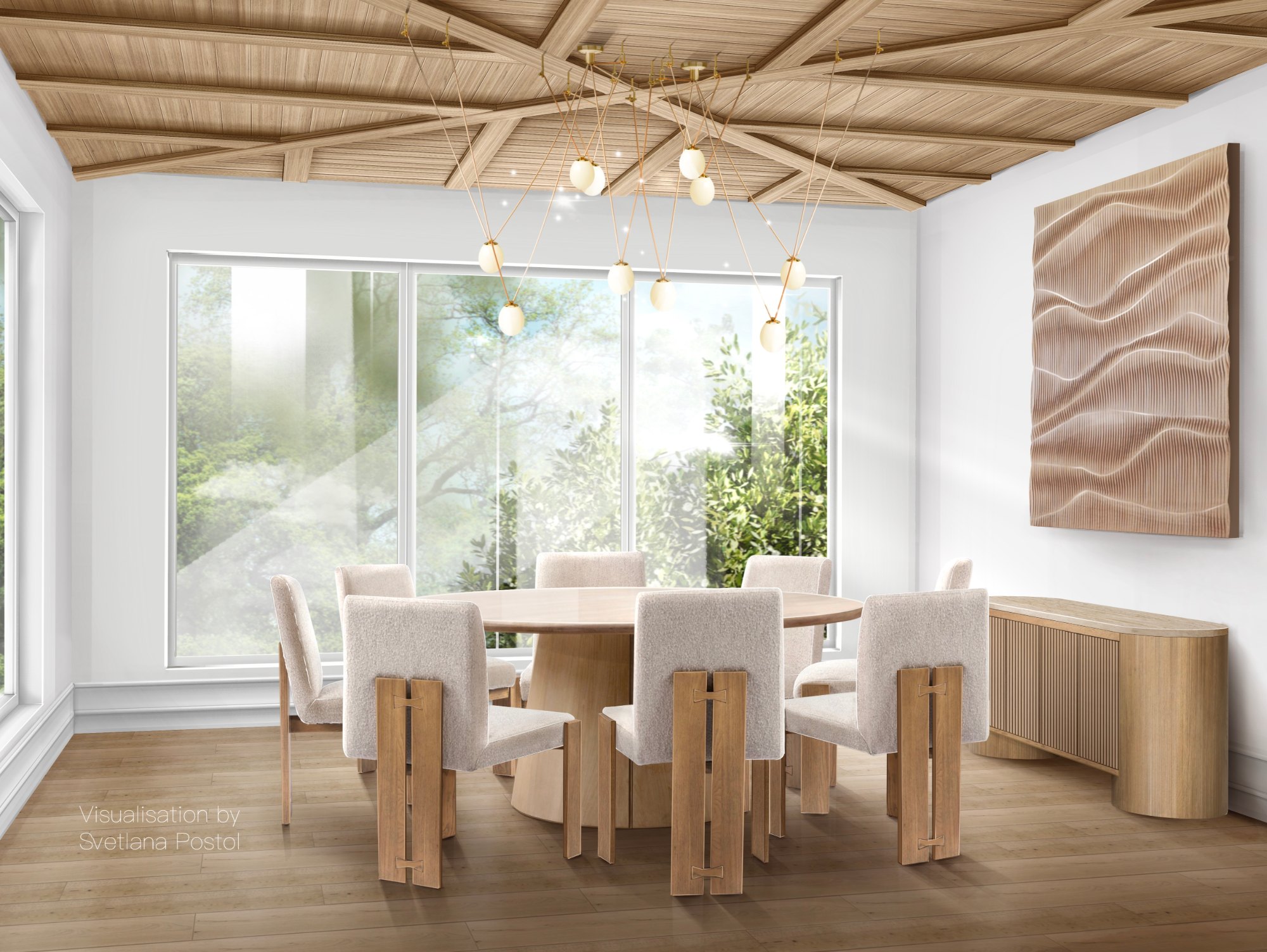 Dining room with a wood ceiling and a long table