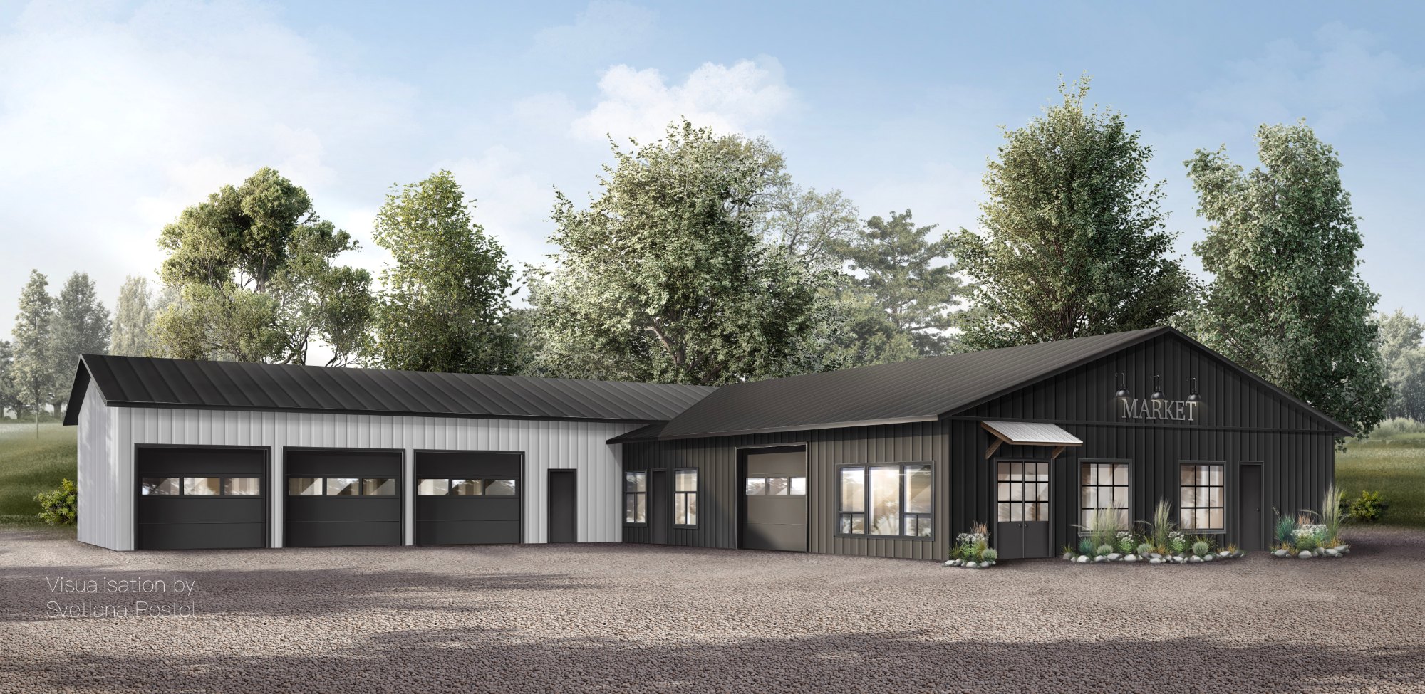 Exterior rendering of a long black barn-style house with garages