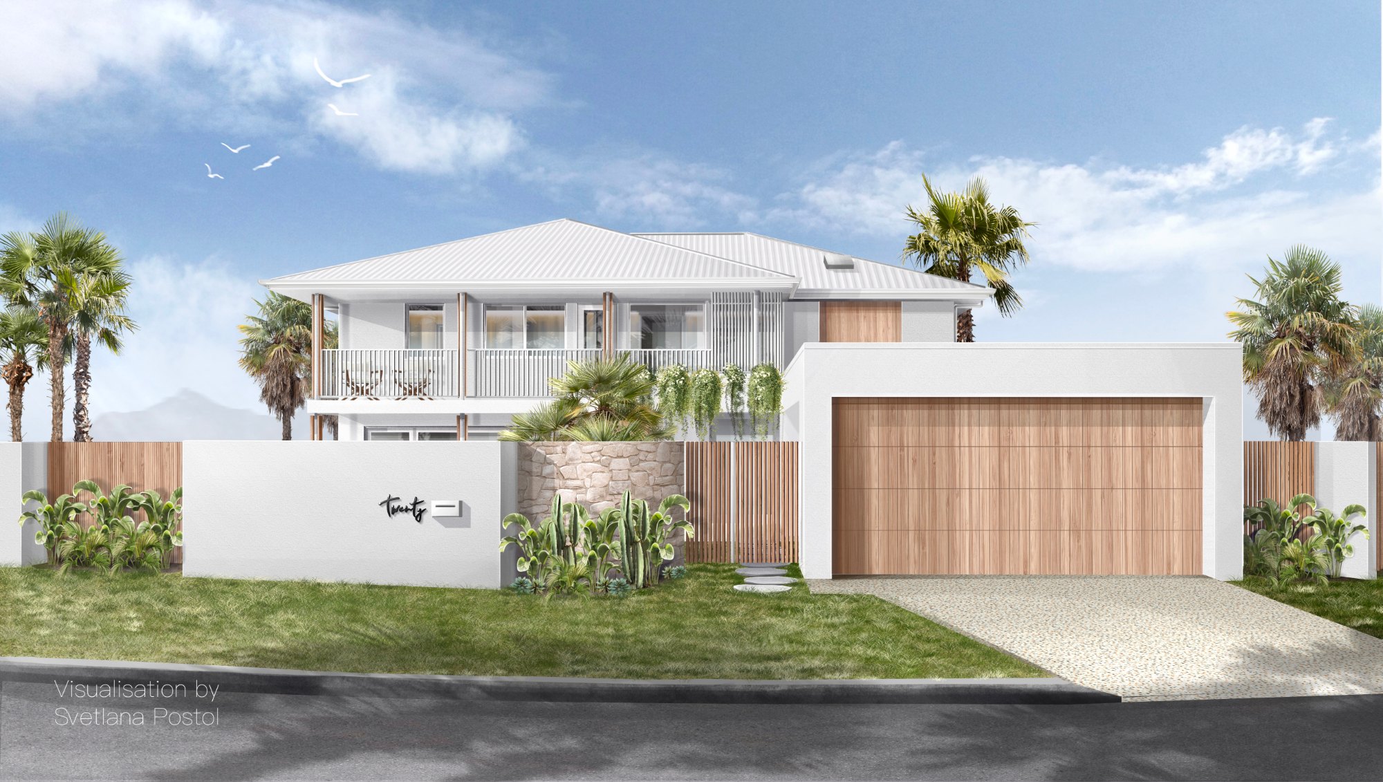 Exterior rendering of a white coastal house with a wooden garage door