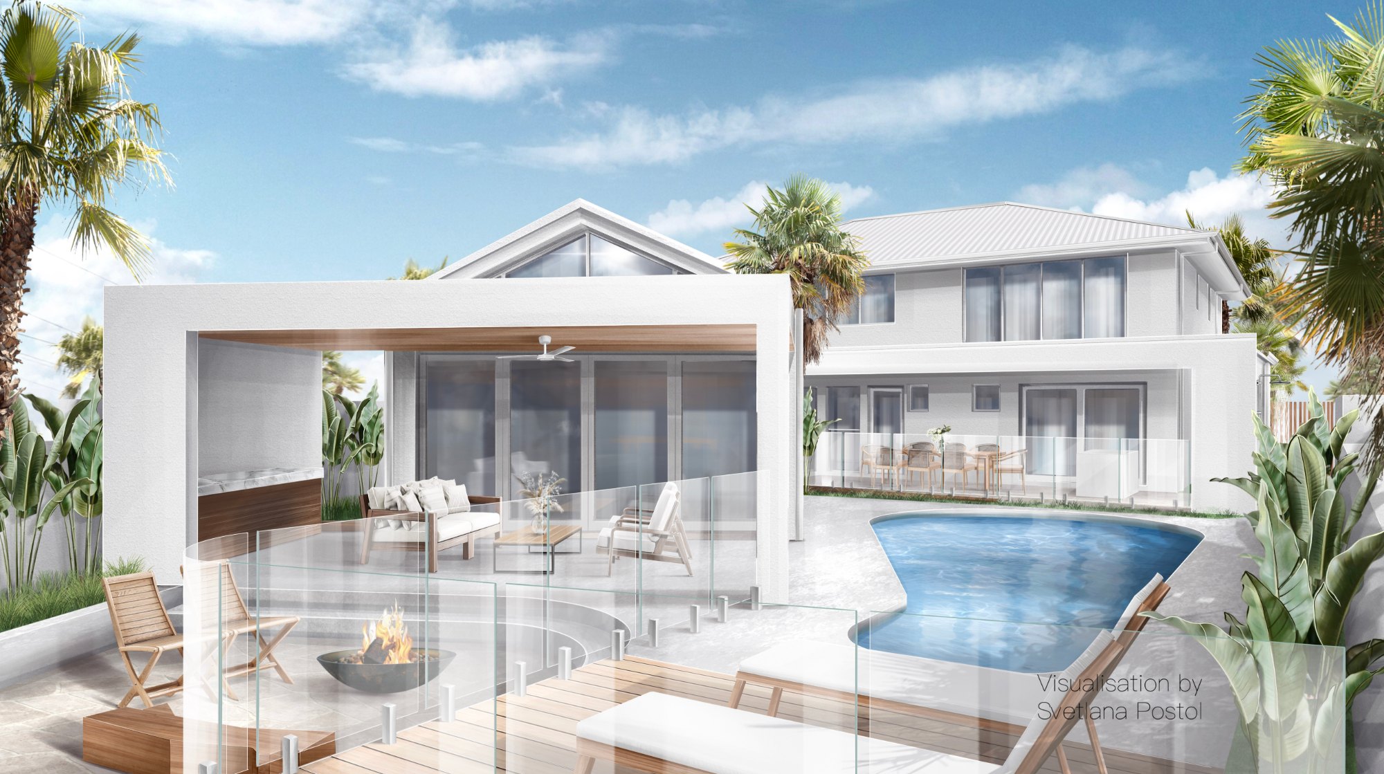 Exterior rendering of a white house with a pool terrace