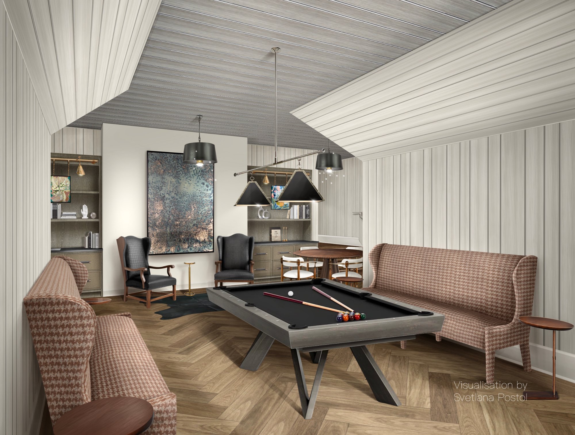 Game room with a pool table and a lounge area