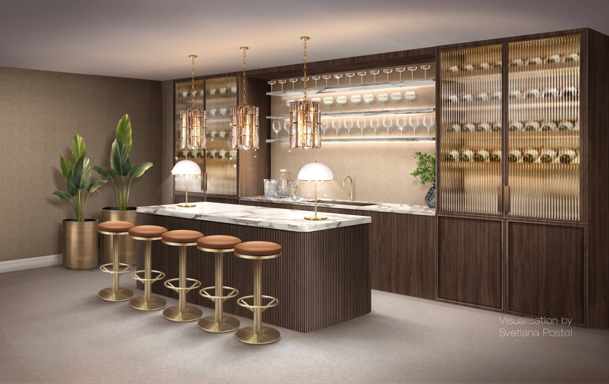 Home bar with brass stools and backlit glass shelving