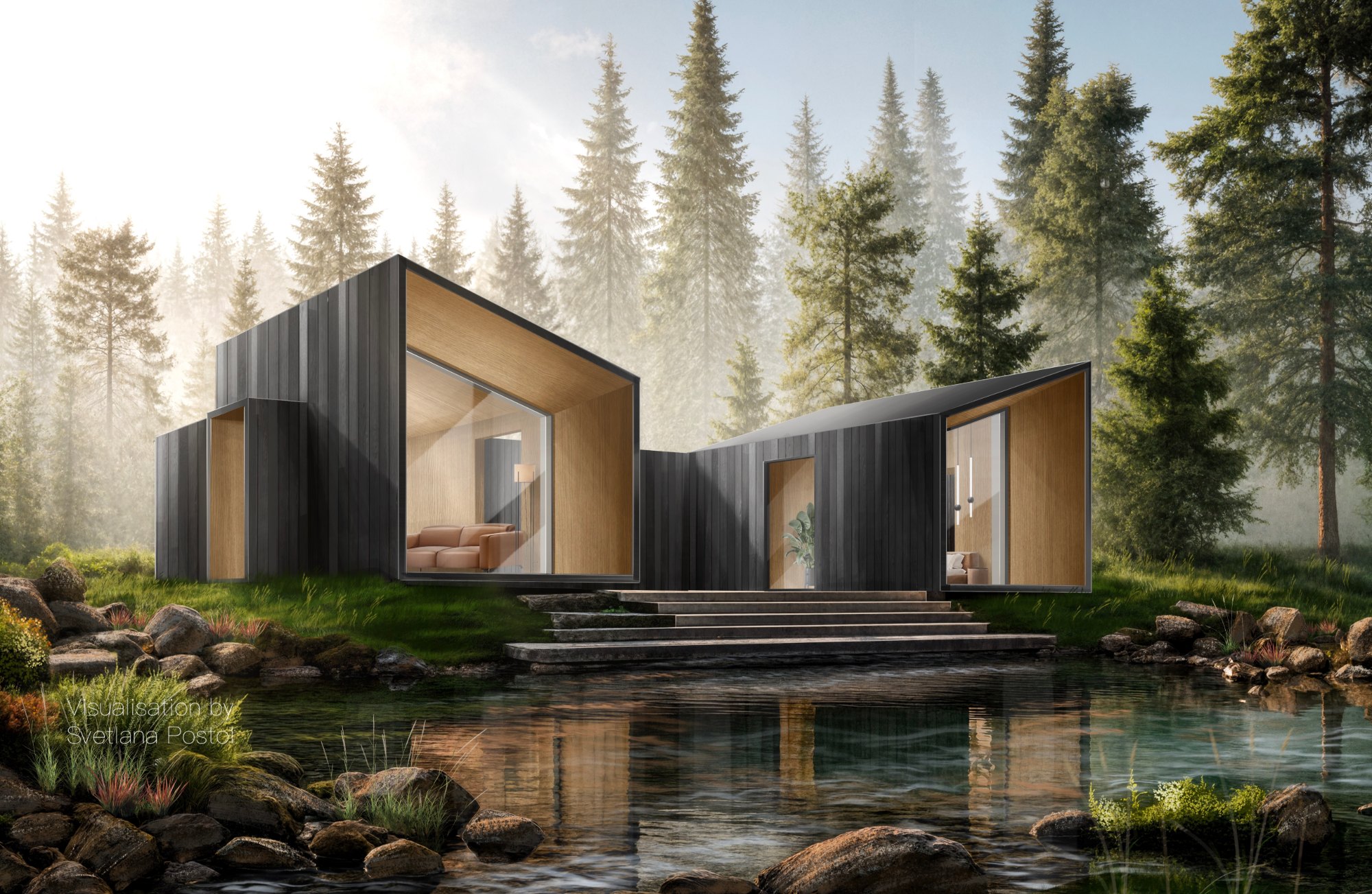Exterior rendering of a dark modern house by a pond in a pine forest