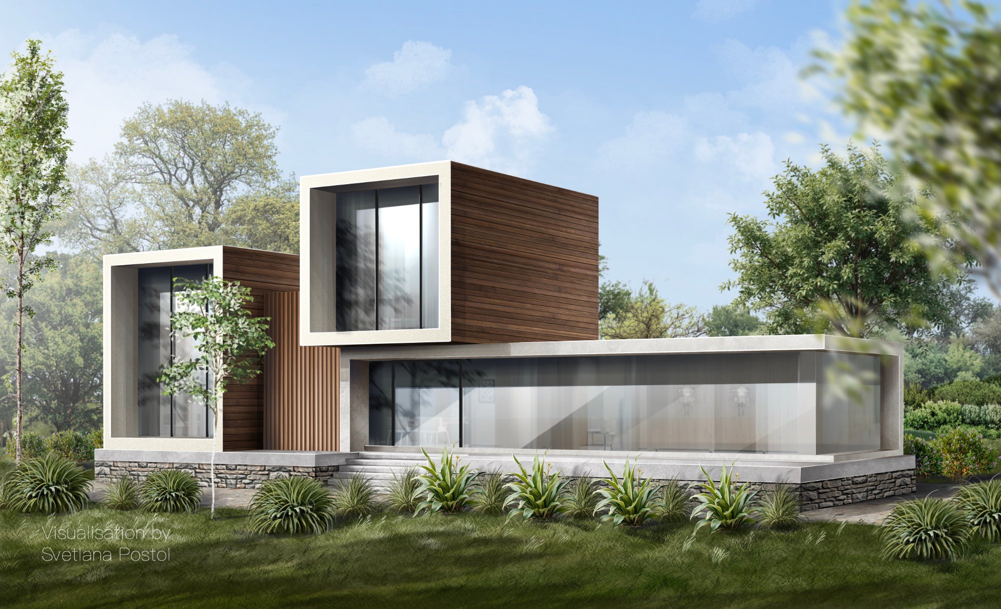Exterior rendering of a modern house with wood cladding