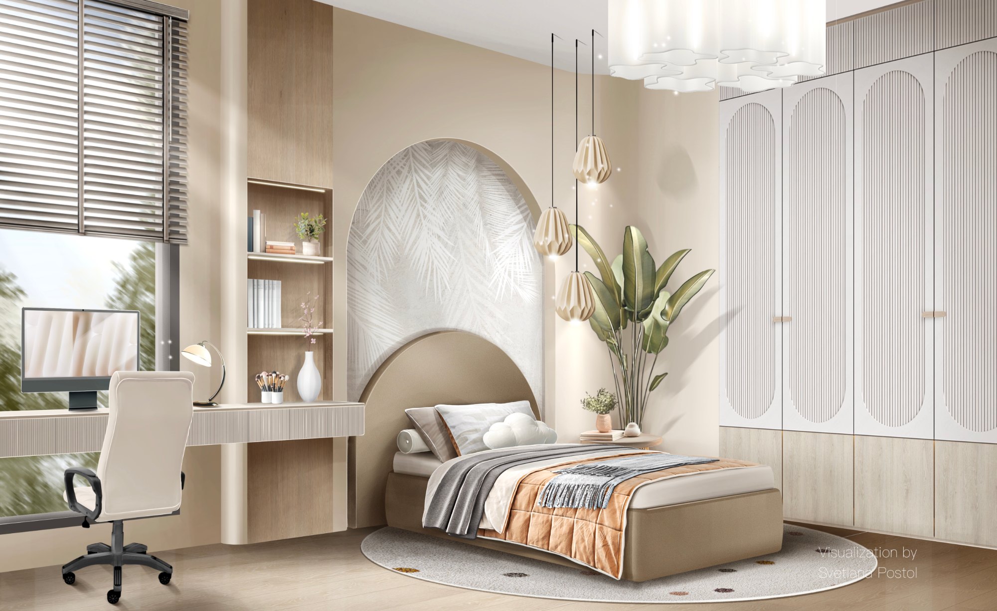 Child's bedroom with an arched niche and a study desk