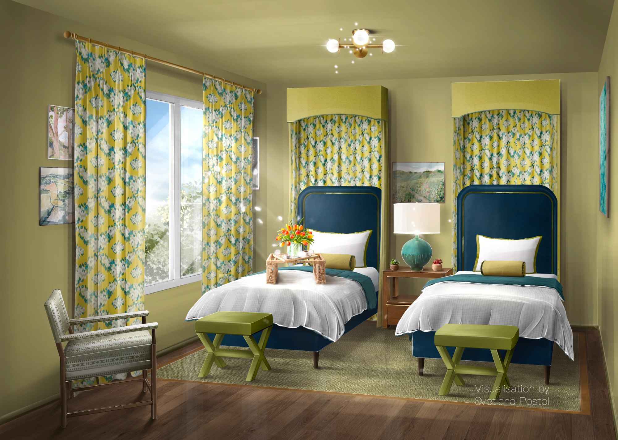 Kids' room with twin beds and green patterned curtains