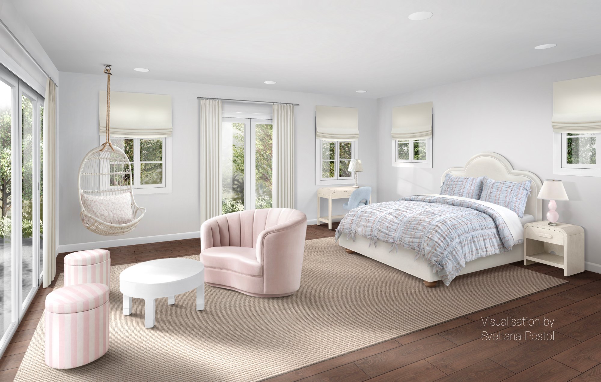 Girl's bedroom with a hanging chair and soft pink furniture