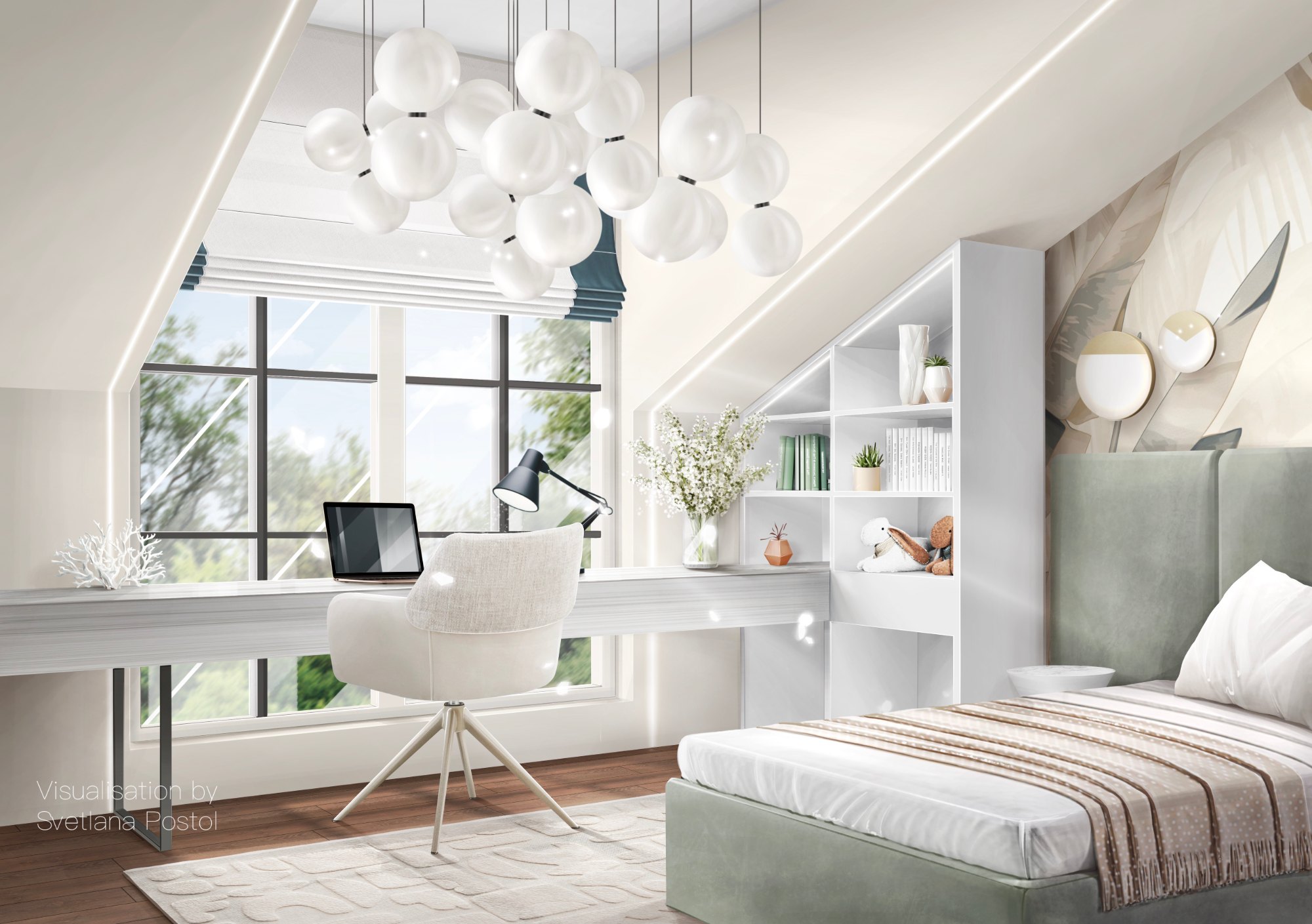 Bright kids' room with a desk and a daybed