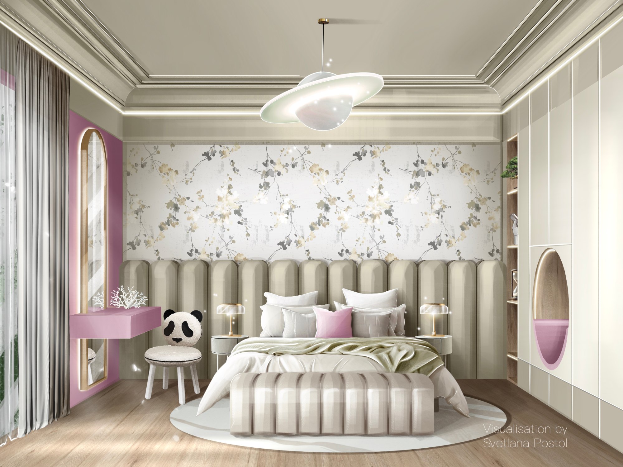 Girl's bedroom with an upholstered bed and floral wallpaper