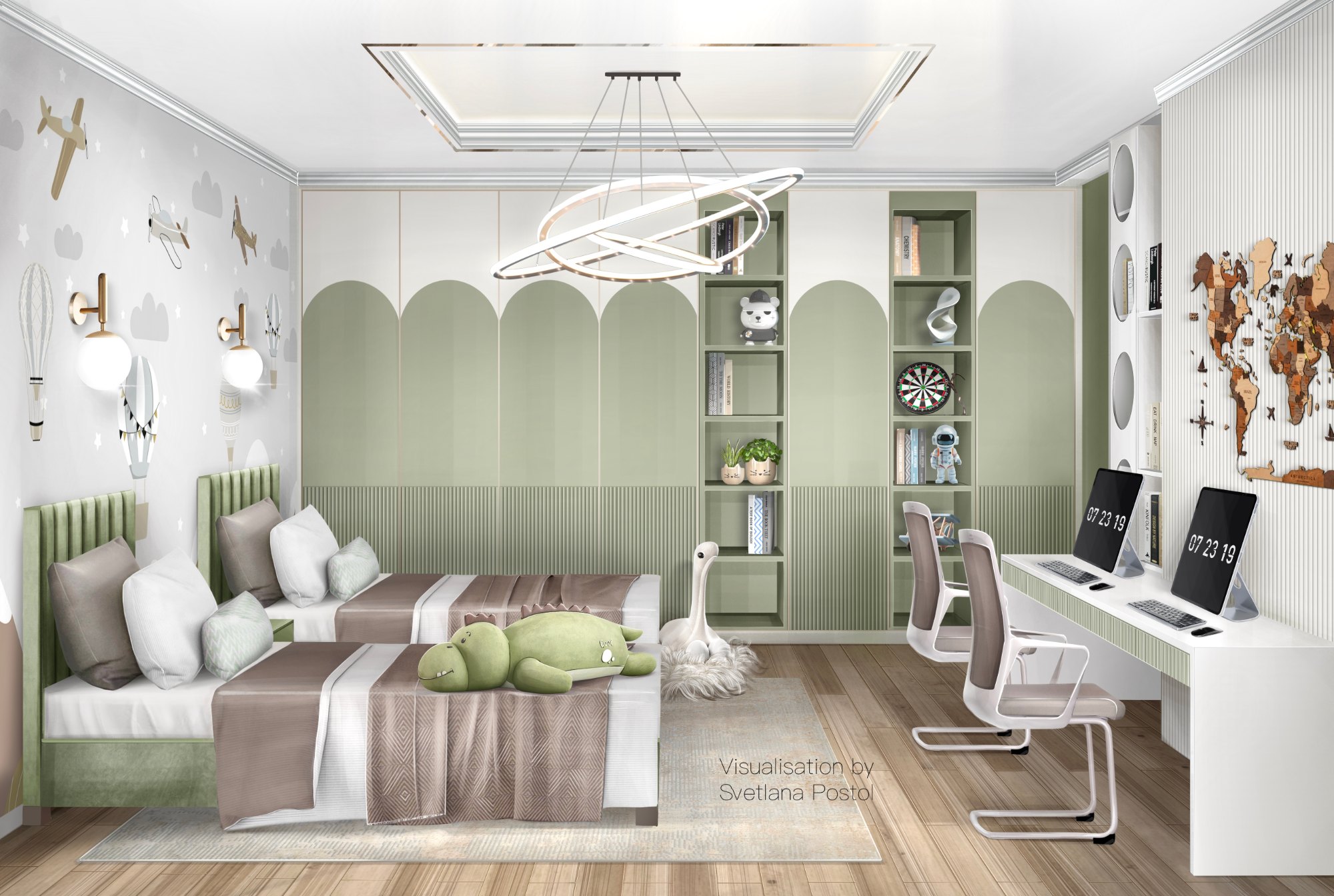Kids' room in sage green with two beds and a study desk