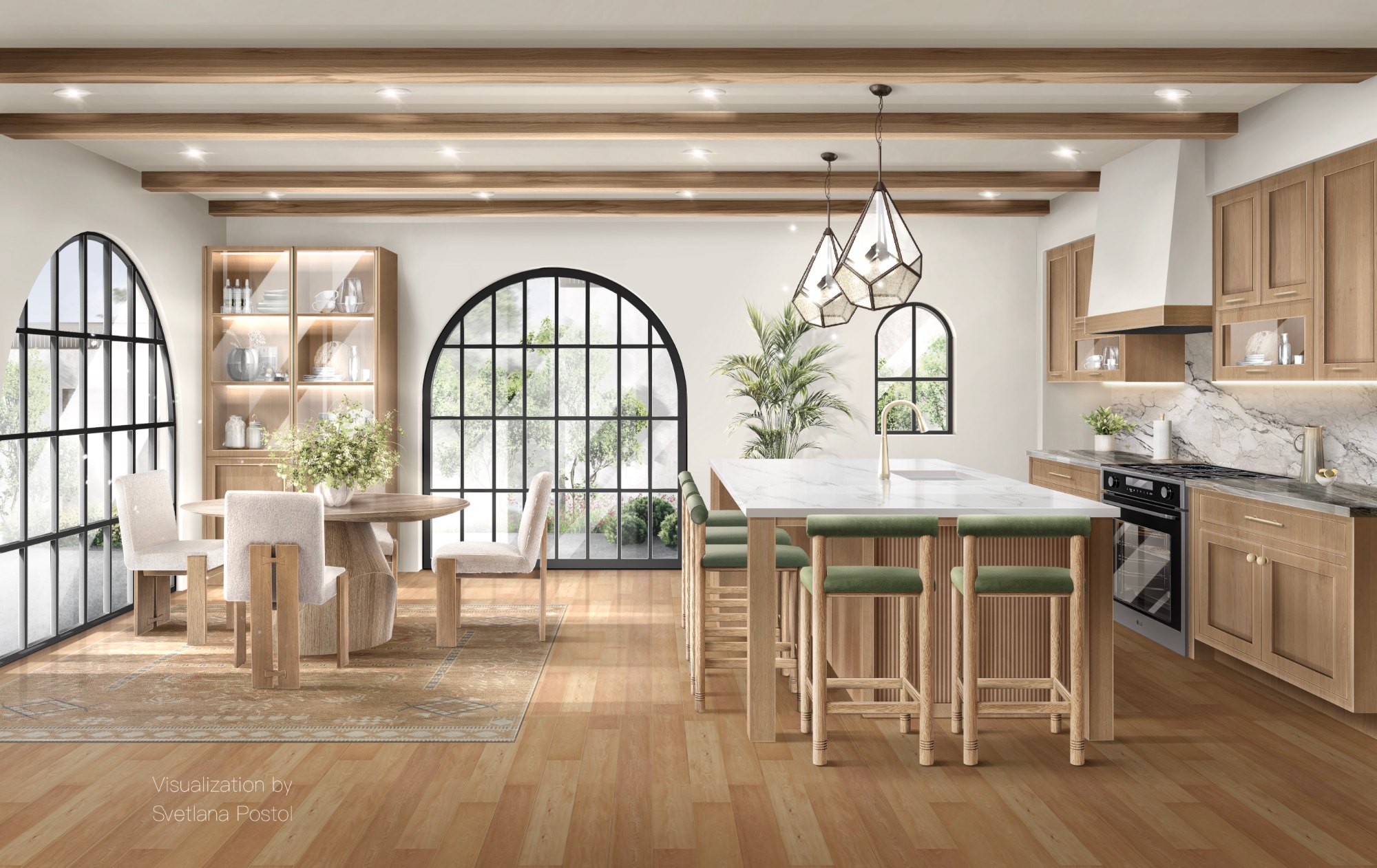 Kitchen and dining room with arched windows