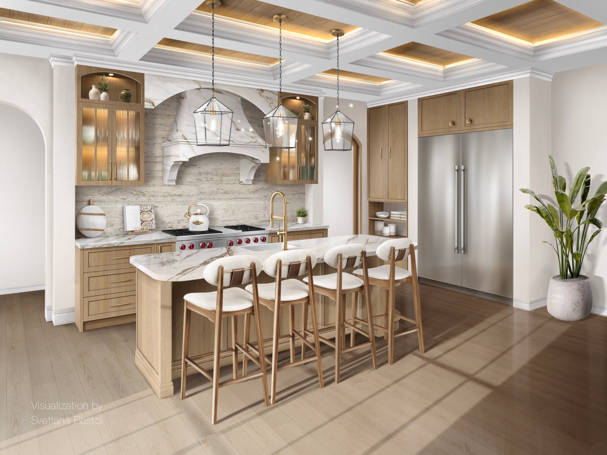 Kitchen with a coffered ceiling, a large island and bar stools