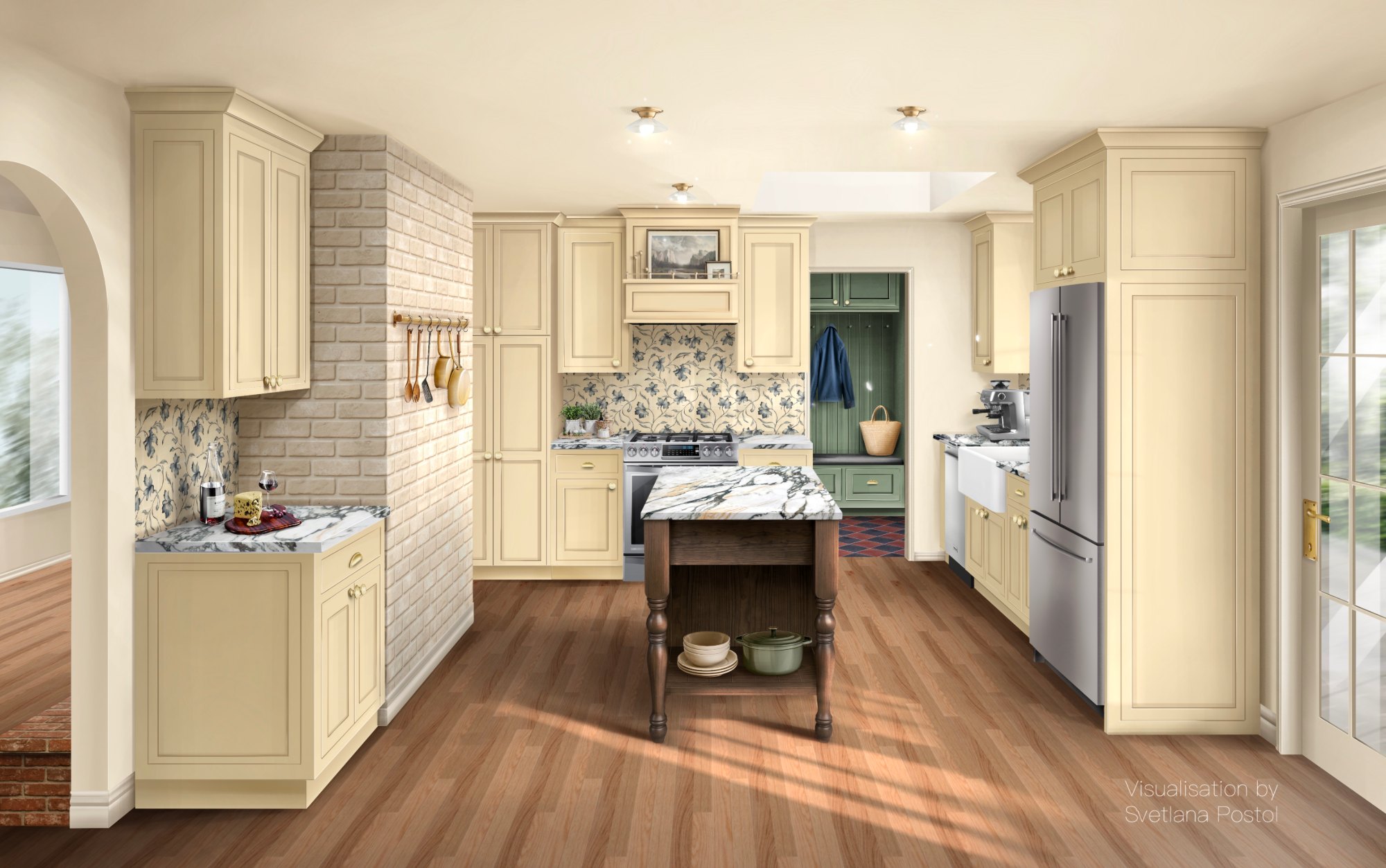 Kitchen with cream cabinets and a wood island