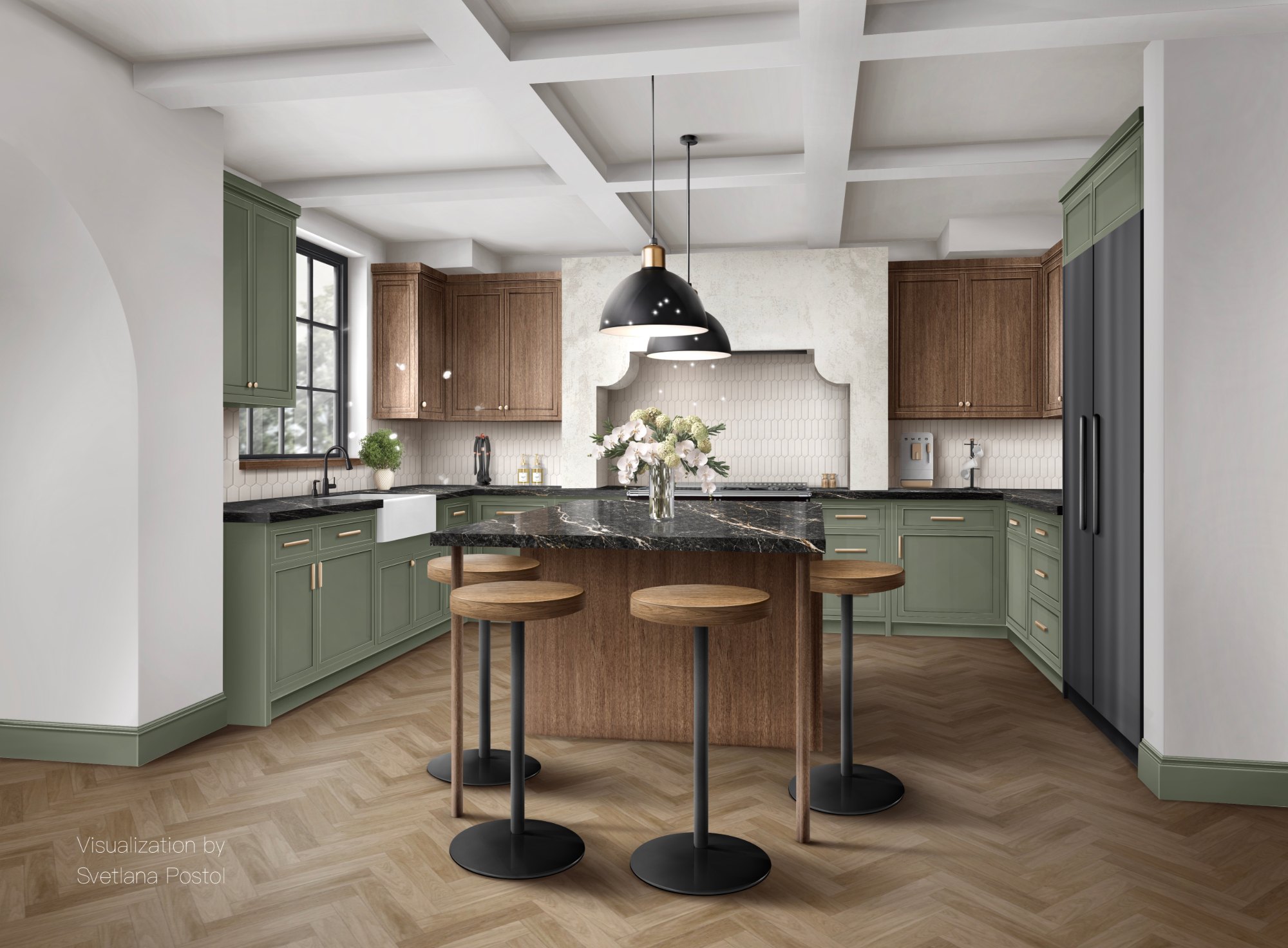 Kitchen with green and black cabinetry and a round island