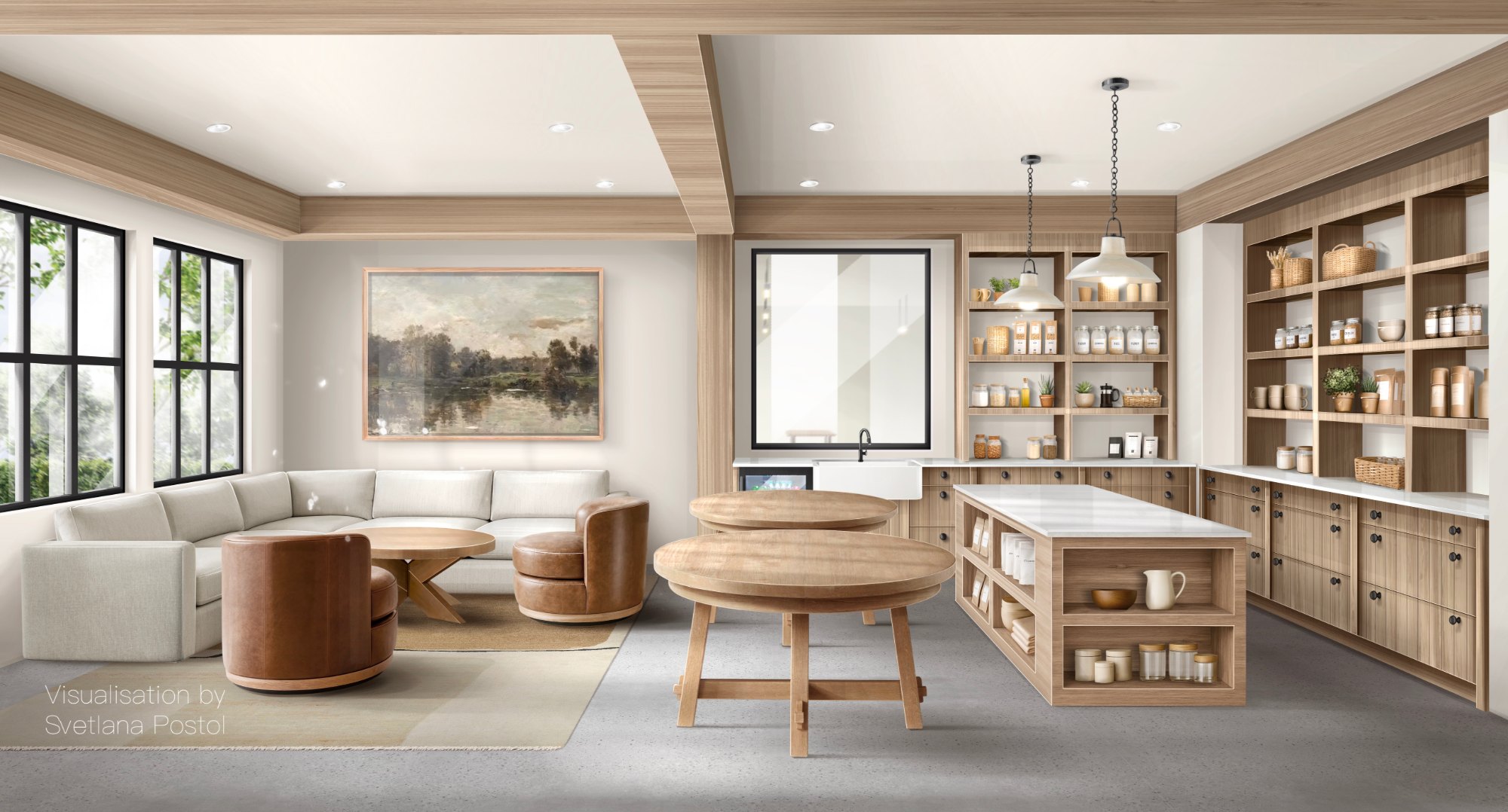 Kitchen and living area with a round table and open shelving