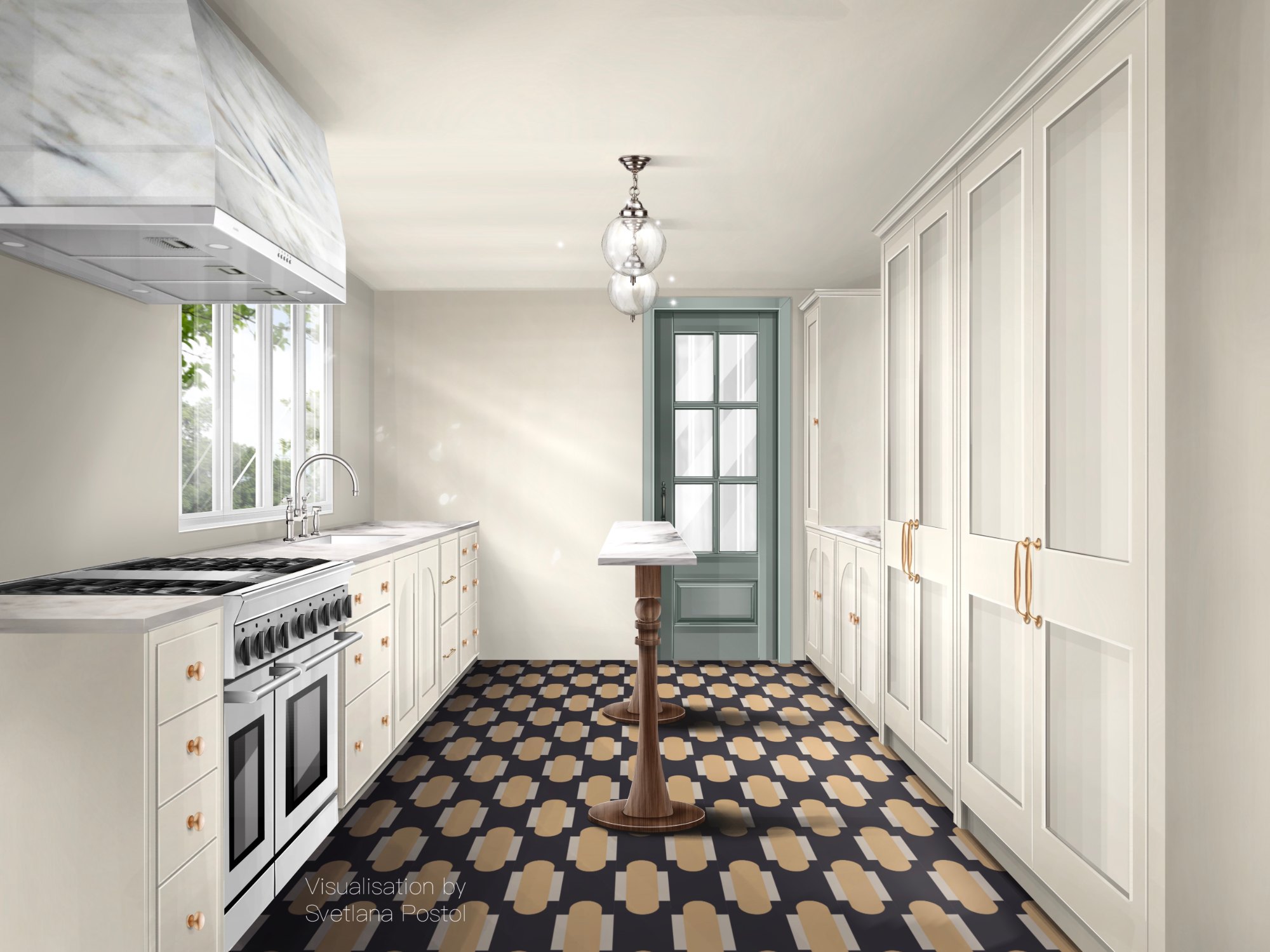 Kitchen with white cabinetry and a patterned floor
