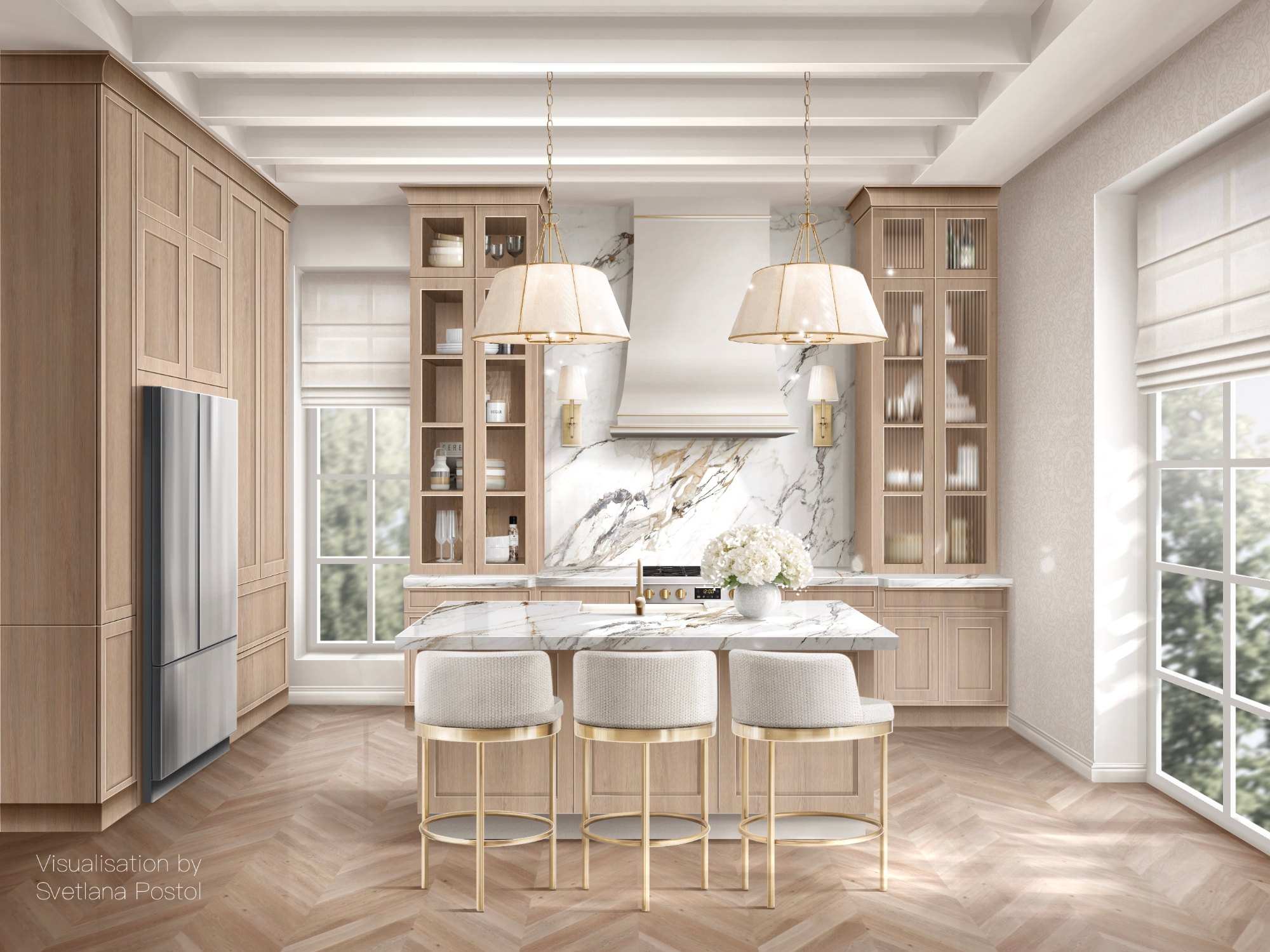 Kitchen with a white island and pendant lights