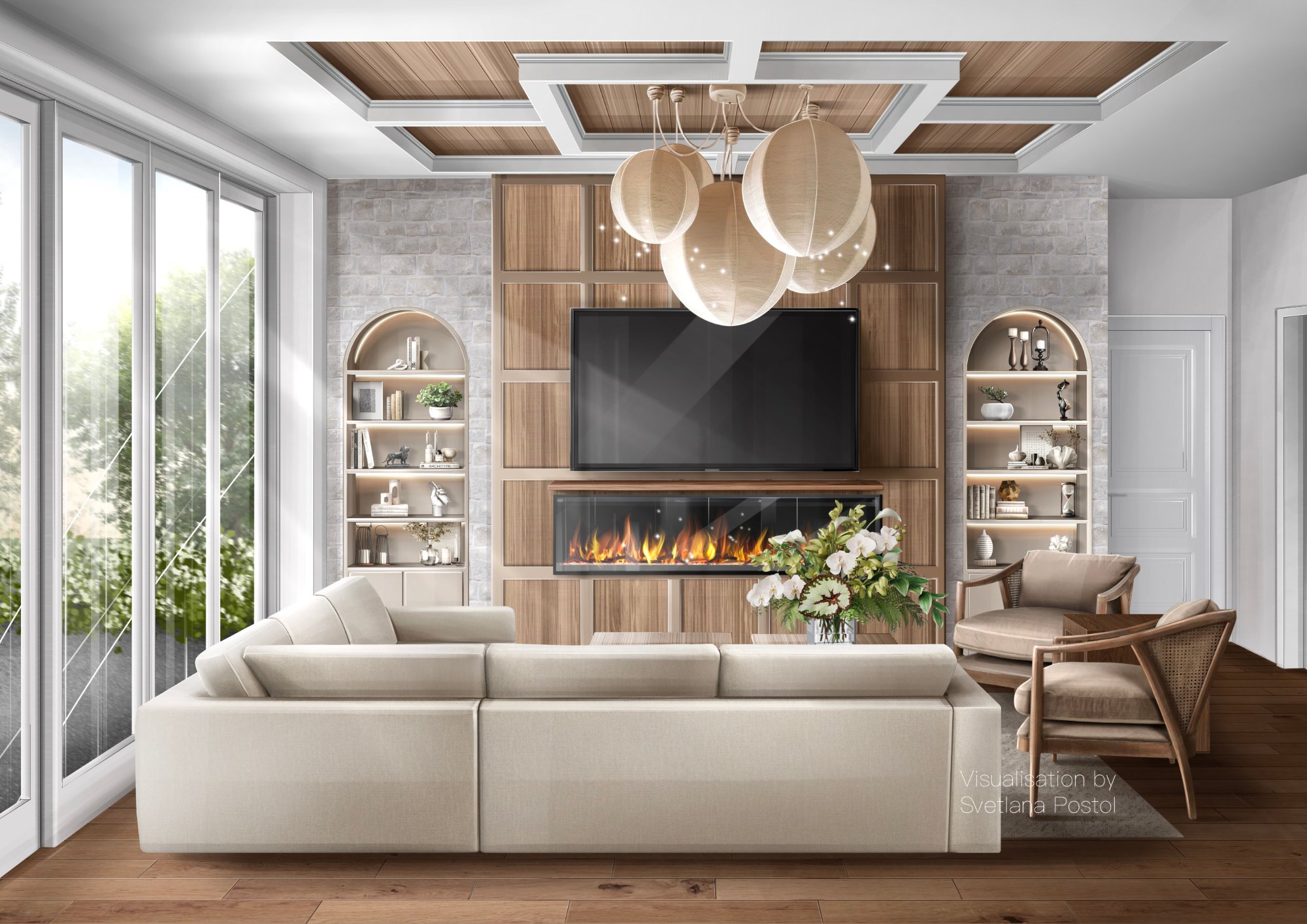 Living room with arched shelving and a fireplace