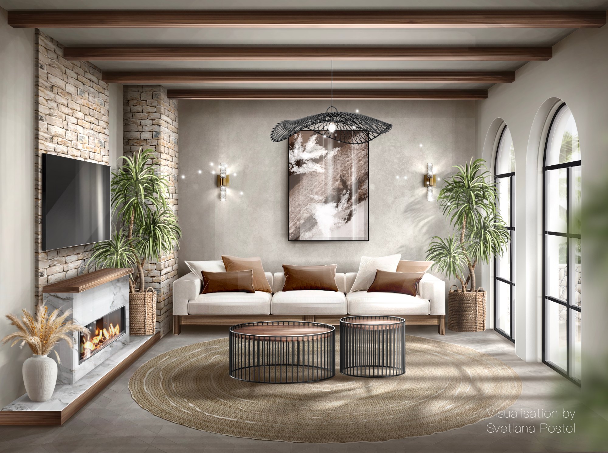 Living room with arched windows and a fireplace