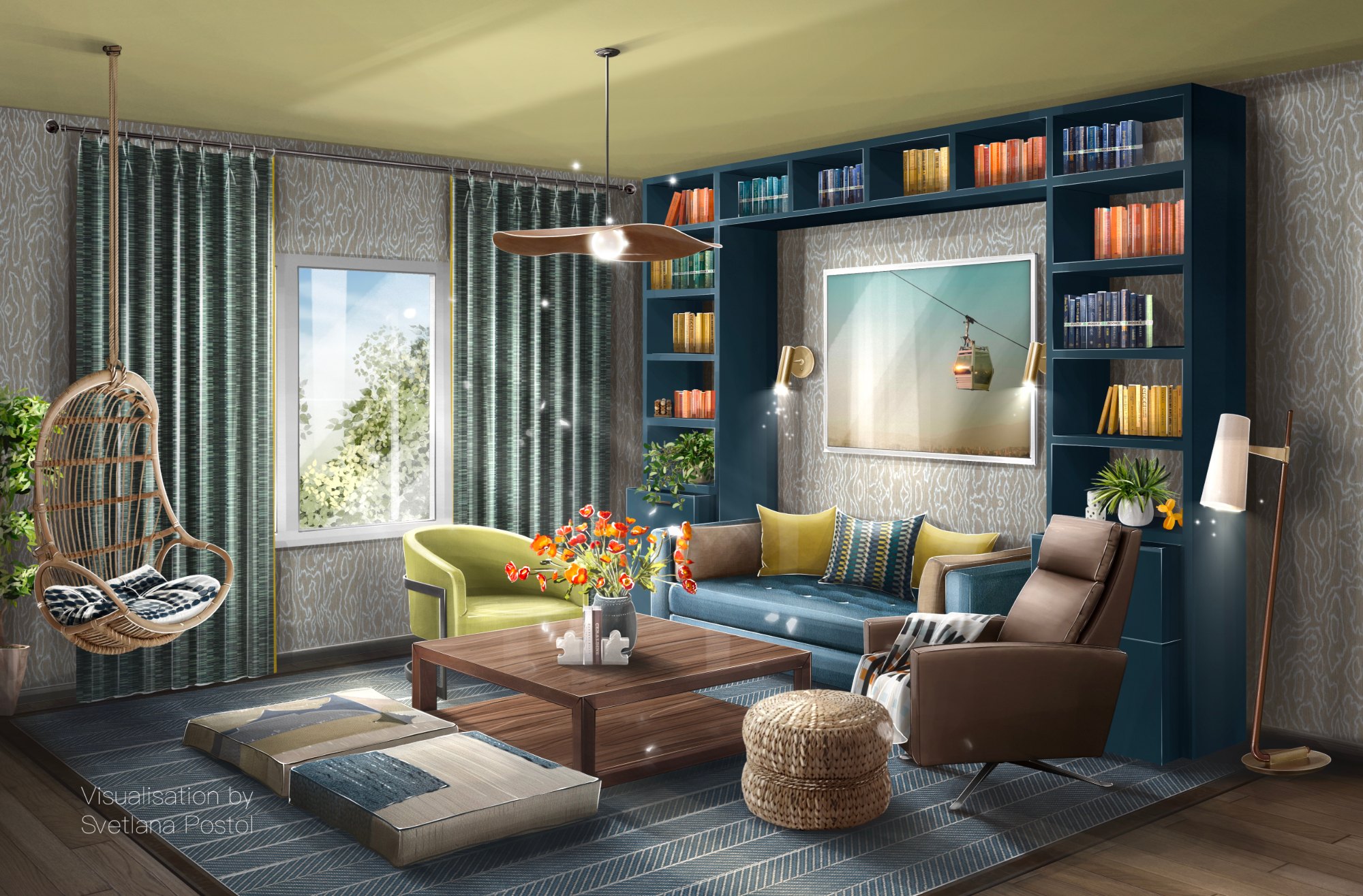 Living room with blue shelving and a hanging chair
