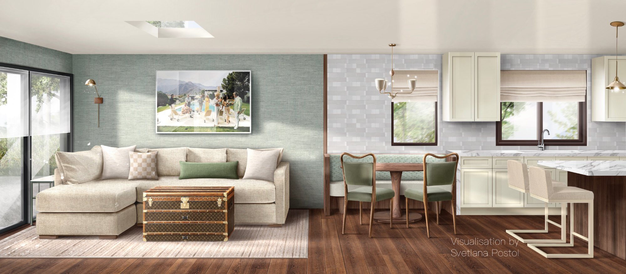 Open living and dining room with a sage green accent wall