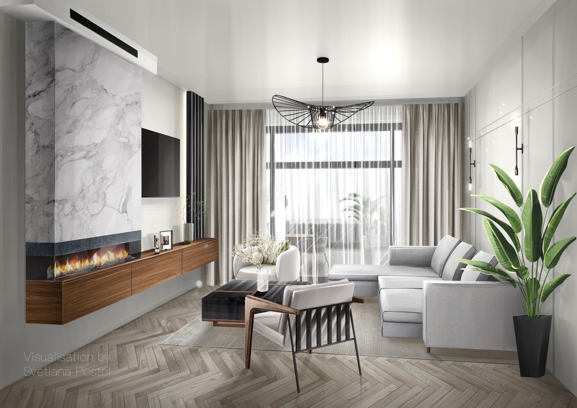 Living room with a marble fireplace wall and a sectional sofa