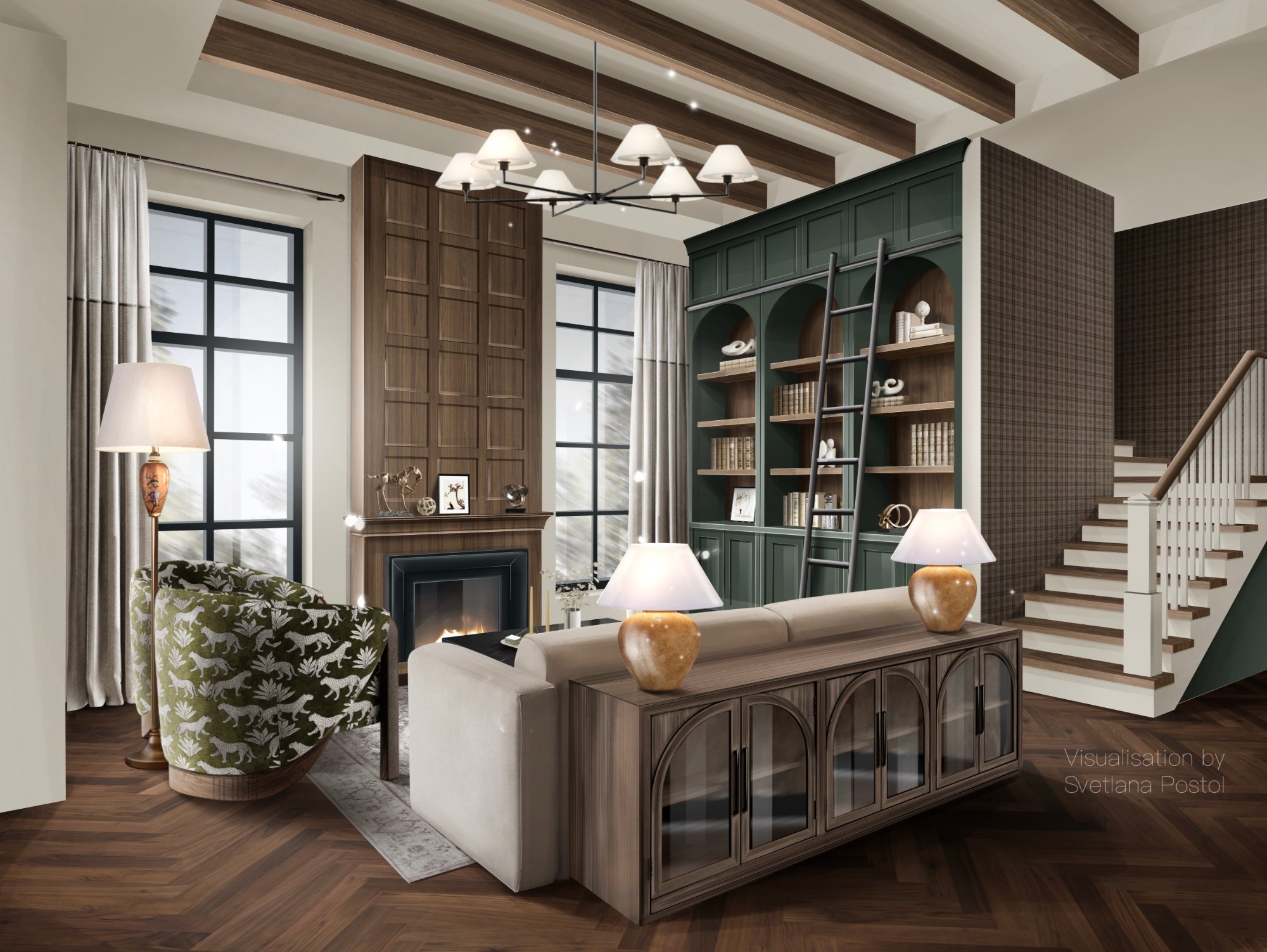 Living room with a fireplace, a library wall and a staircase