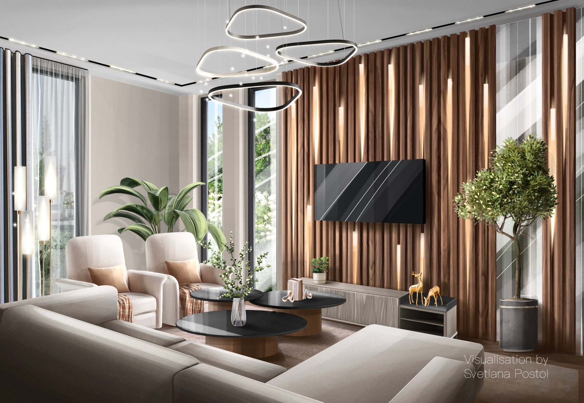 Living room with wood slat walls and a ring chandelier
