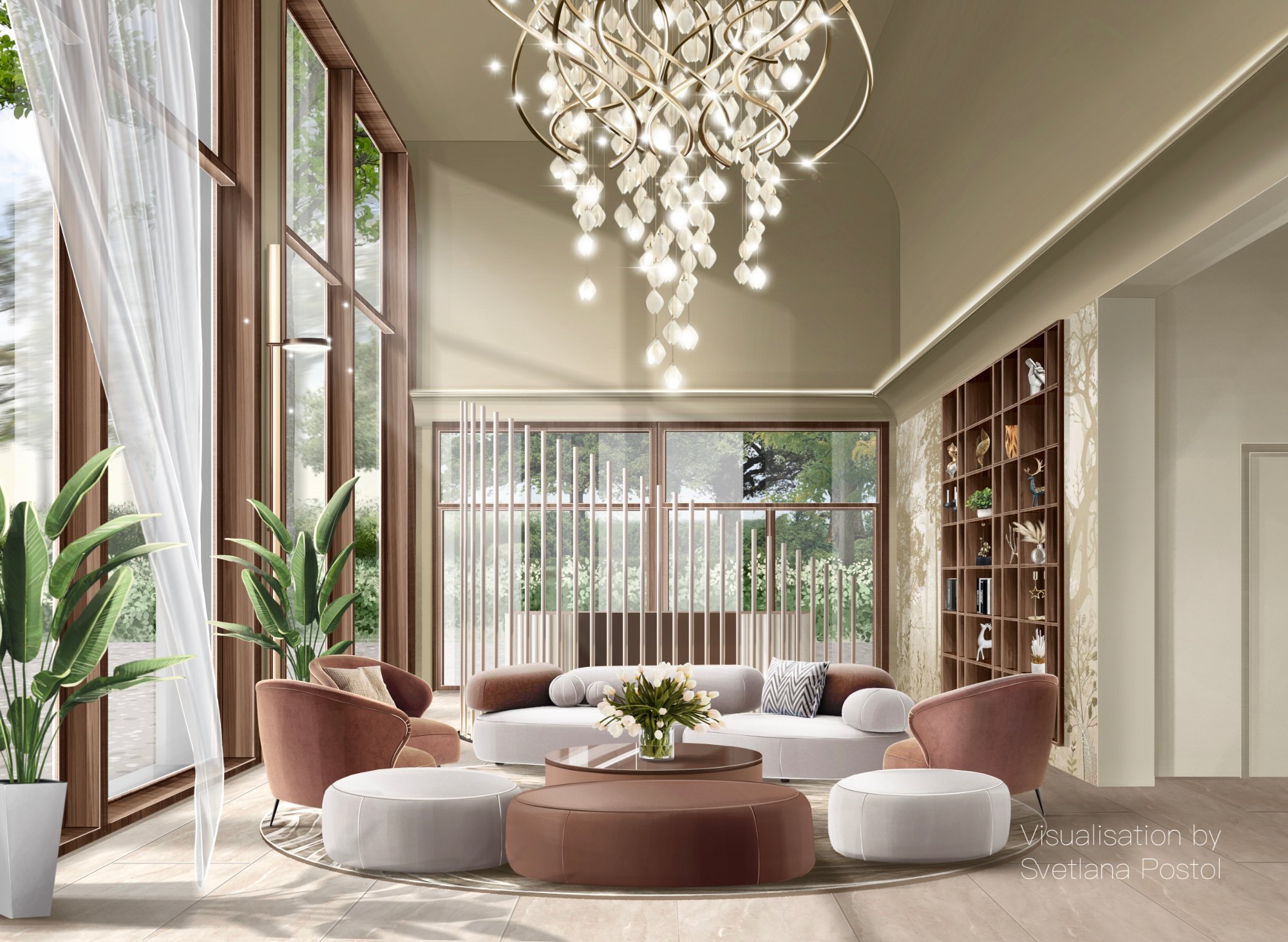 Lounge with a cascading crystal chandelier and curved sofas