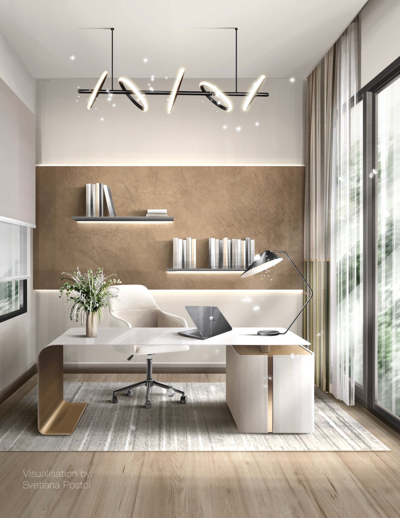 Beige home office with a built-in desk and shelving