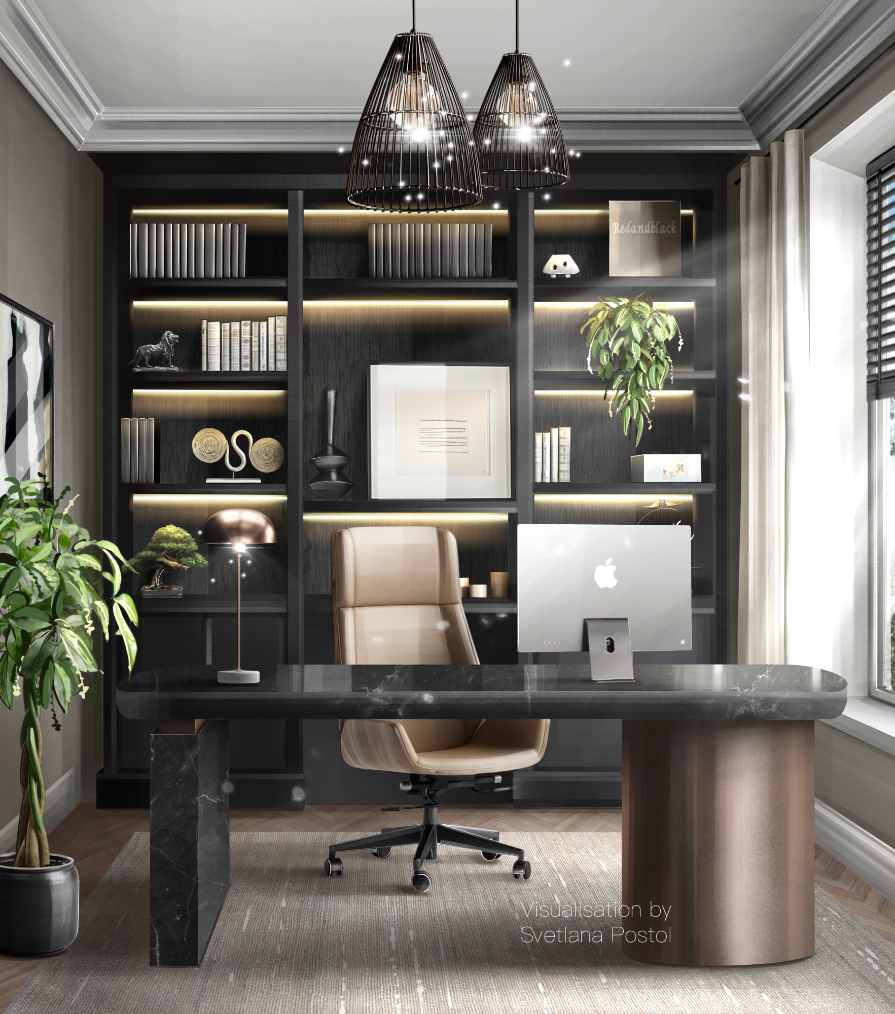Home office with black shelving and a sculptural desk