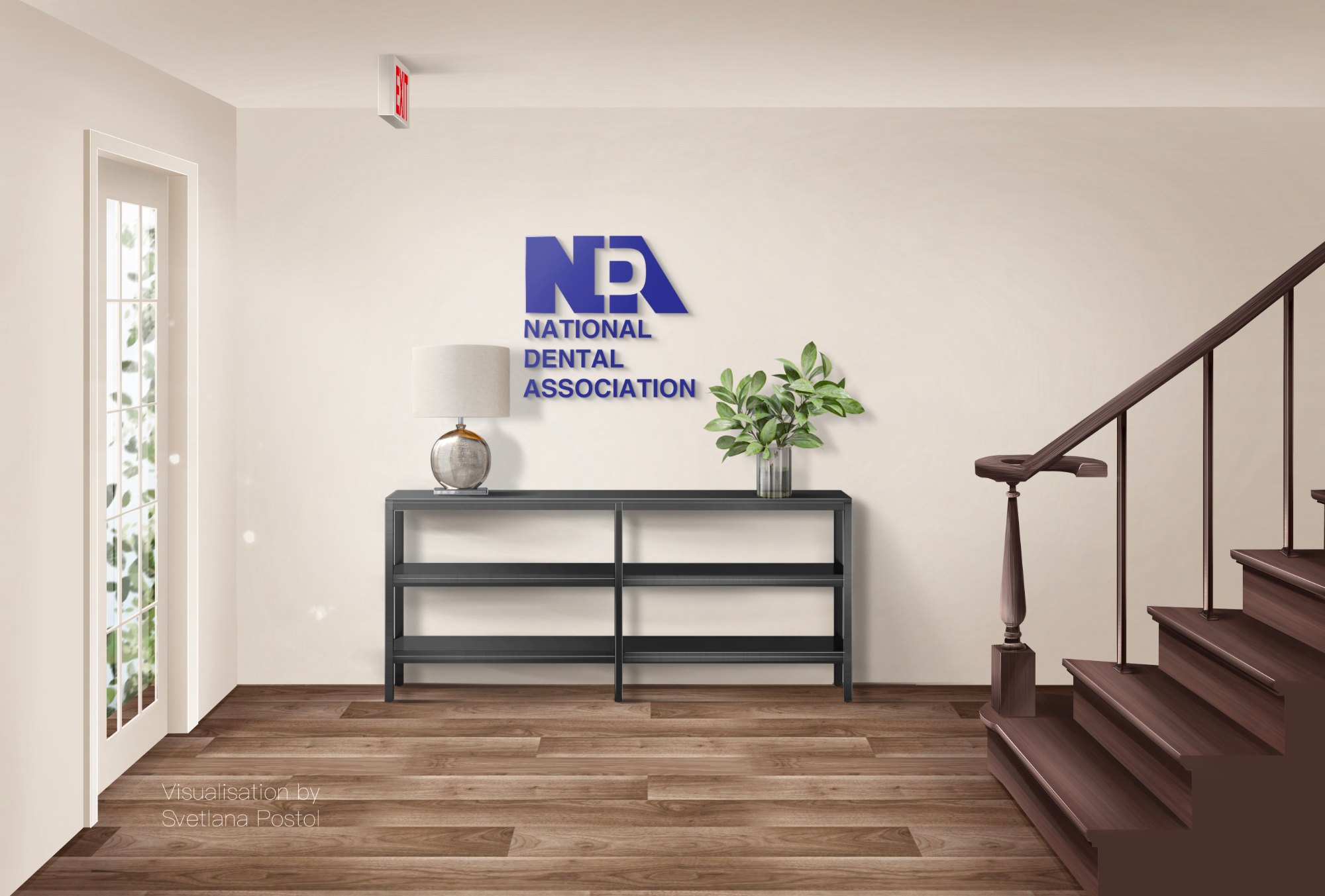 Office foyer with a staircase and a reception console