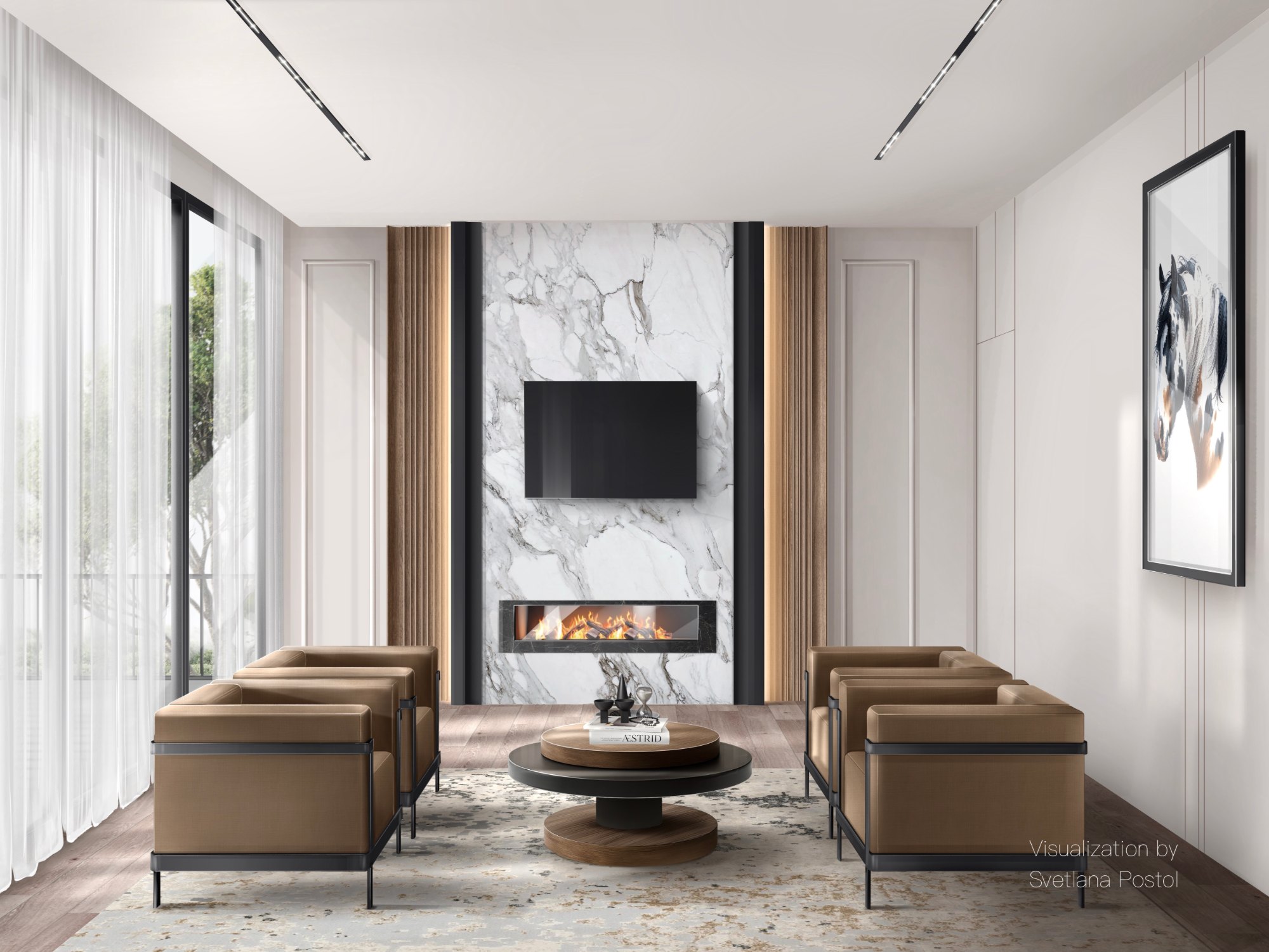 Office seating area with leather armchairs and a fireplace